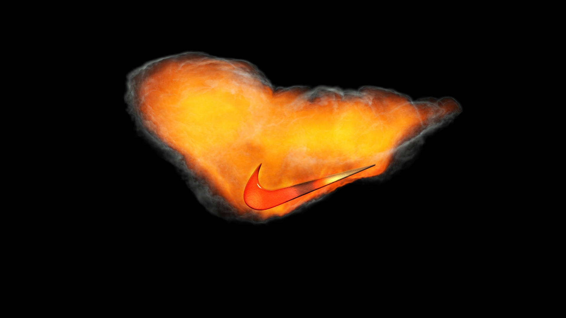 Swoosh 桌布 壁紙 — 一個發光的橙色心形雲，其熾熱核心中嵌有Nike勾號，背景為黑色虛空。