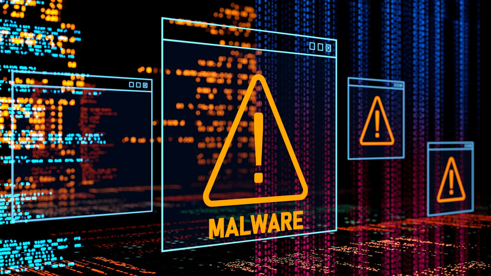Alert 桌布 壁紙 — 一個發光的橙色惡意軟體警告標誌漂浮在黑暗網路空間中層疊的數位程式碼流之間。