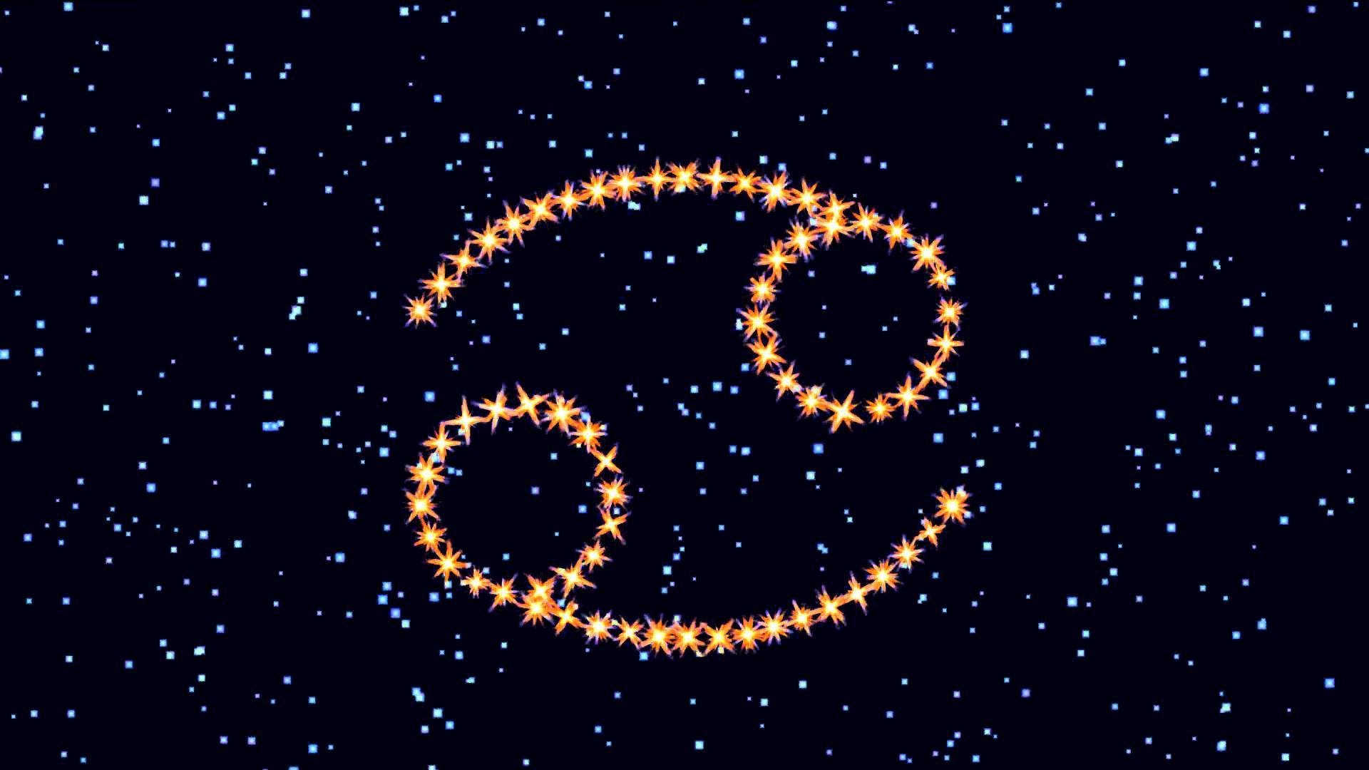 zodiac 桌布 壁紙 — 一個發光的橙色星座在深藍色星空背景下形成一個陰陽符號。
