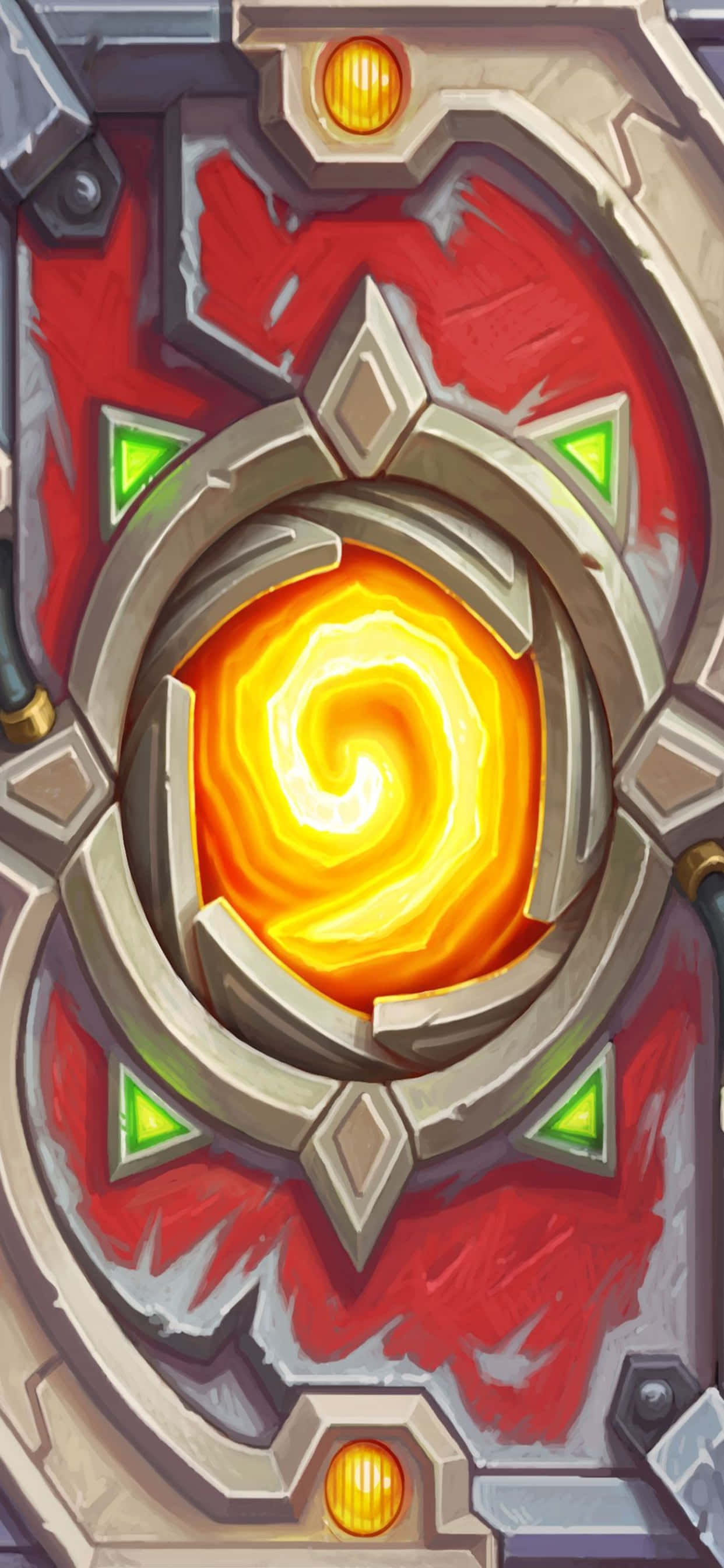 iPhone Xs Max Hearthstone 桌布 壁紙 — 一個發光的橙色漩渦在金屬圓形框架內旋轉，背景為紅色紋理背景，帶有綠色三角形點綴。