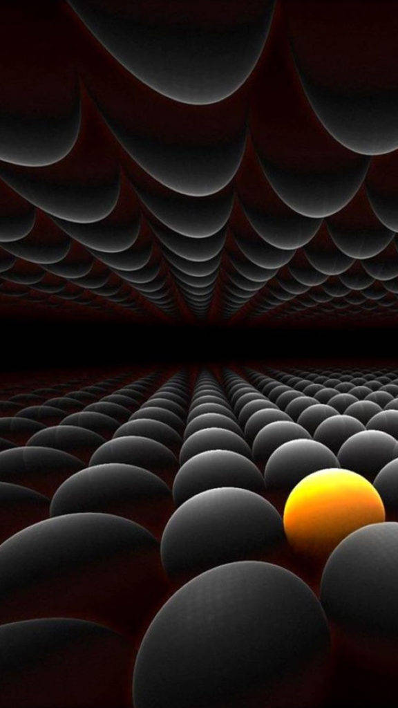 一個發光的橙色球體在重複幾何圖案中的深灰色球體之間。 — 3D iPhone 壁紙 壁紙