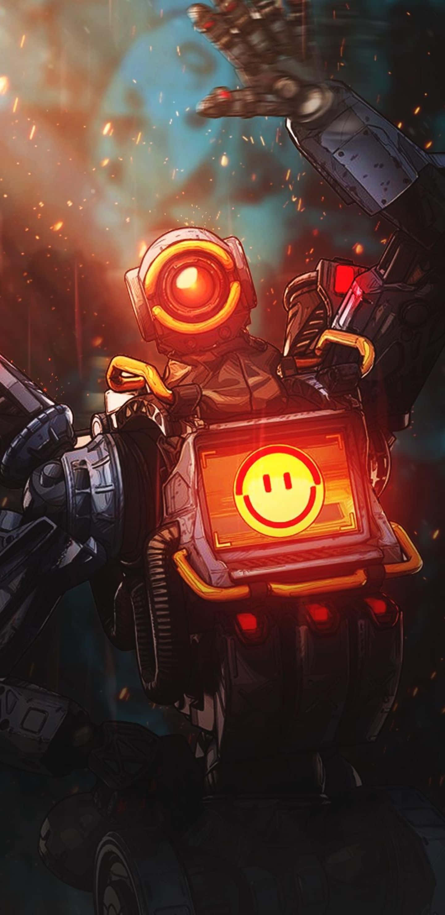 Pixel 3xl Apex Legends 桌布 壁紙 — 一個發光的橙色眼睛機器人，帶有開心的笑臉面板，在熾熱的宇宙背景下舉起機械手。