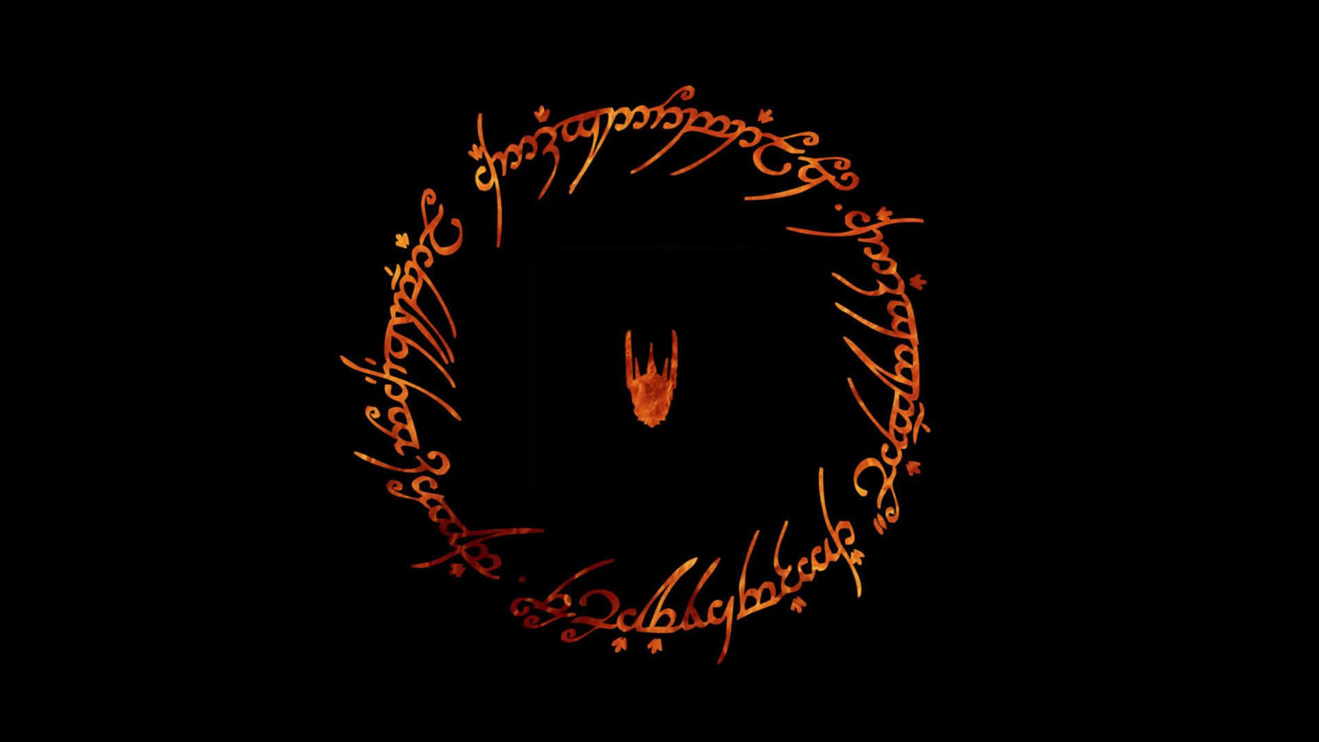 Lotr 桌布 壁紙 — 一個發光的橙色精靈文字環圍繞著中央的火手符號，背景為黑色。