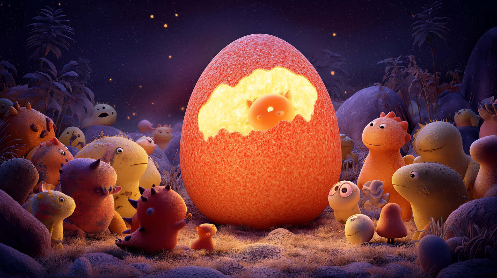 Hatching Hope 壁紙 — 一個發光的橙色蛋在星夜叢林中裂開，好奇的卡通生物聚集在周圍觀看。