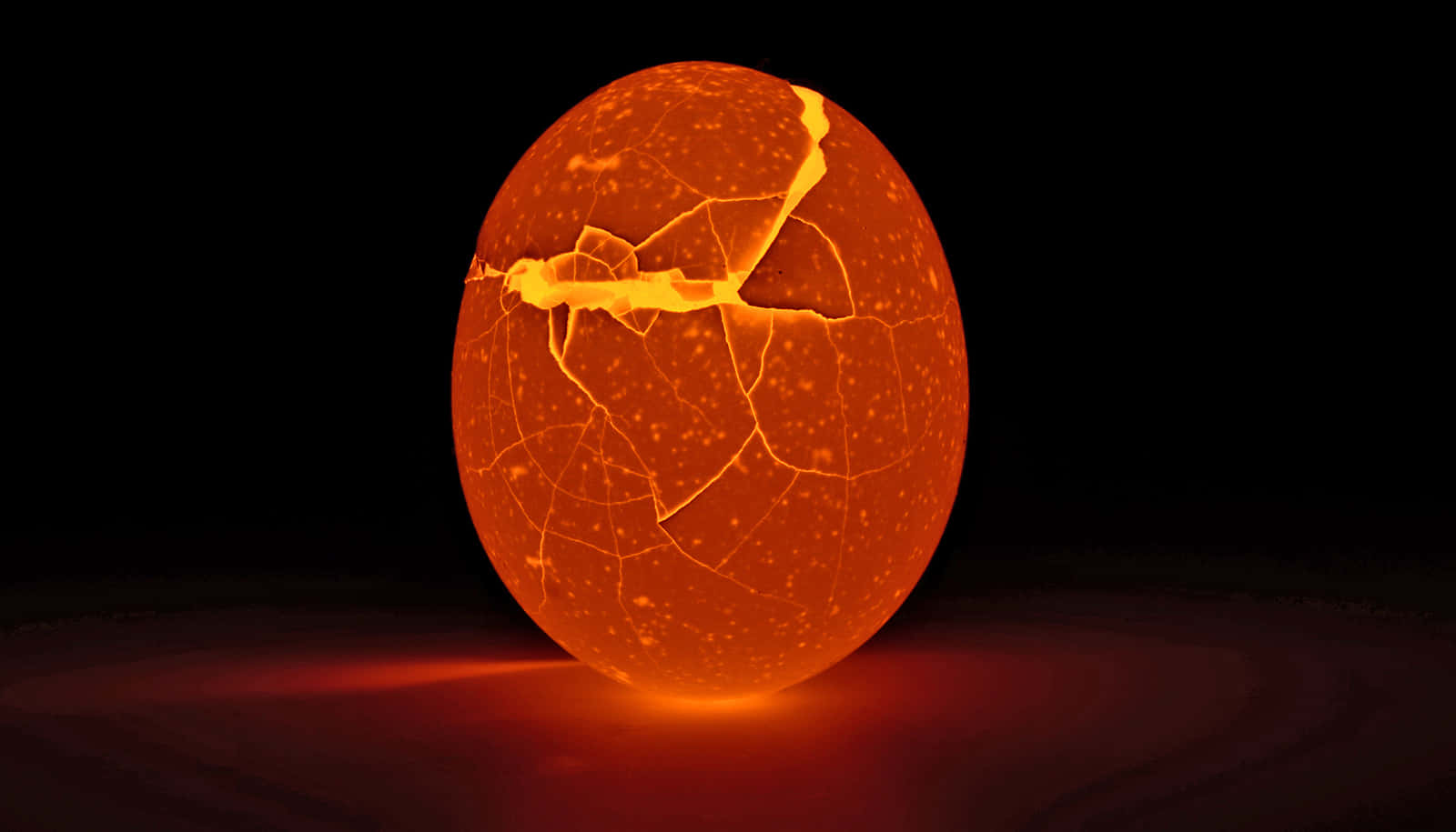 Eggshell 桌布 壁紙 — 一個發光的橙色裂開的雞蛋在黑色背景上散發熱量，投射出溫暖的紅色陰影。