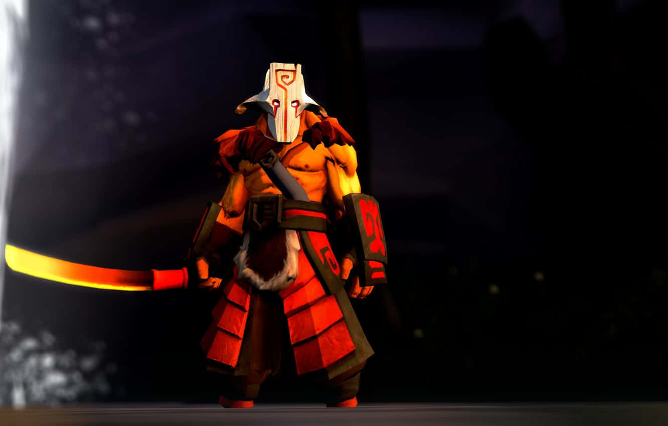 Dota 2 Juggernaut 桌布 壁紙 — 一個發光的橙色裝甲戰士，戴著白色面具和紅色盔甲，在黑暗環境中手持彎曲的劍。