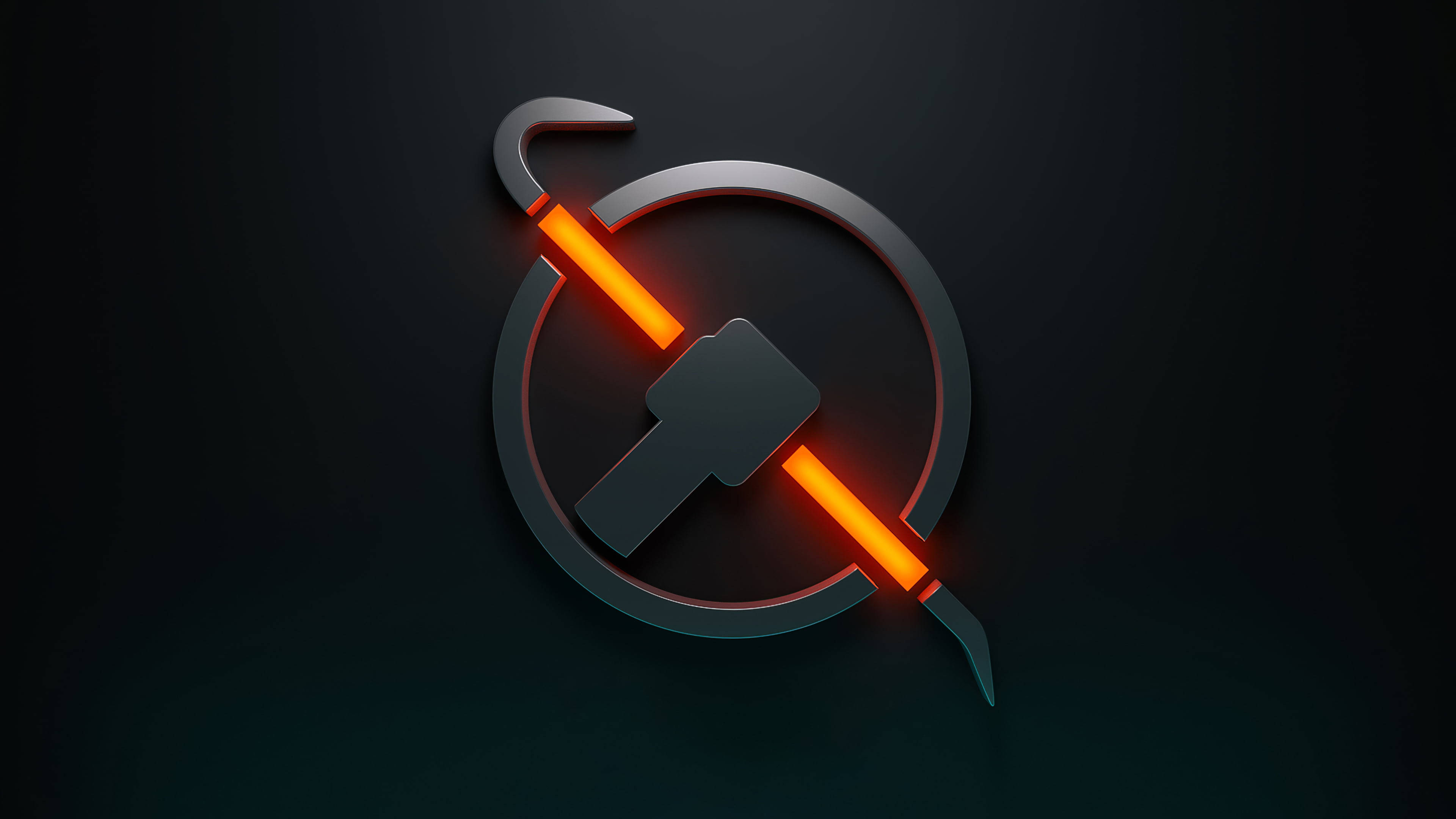 Gaming Logos 桌布 壁紙 — 一個發光的橙色鎚子與鐮刀圖標，位於圓形框架內，背景為深色漸變。