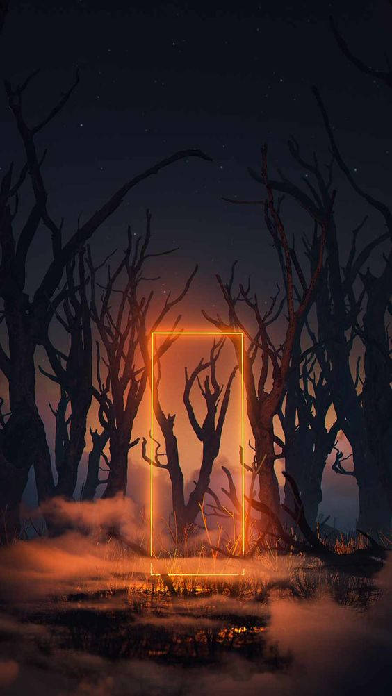 dark neon iPhone 桌布 壁紙 — 一個發光的橙色長方形傳送門矗立在夜晚的霧氣森林中，周圍是光禿扭曲的樹木，上方是星空。