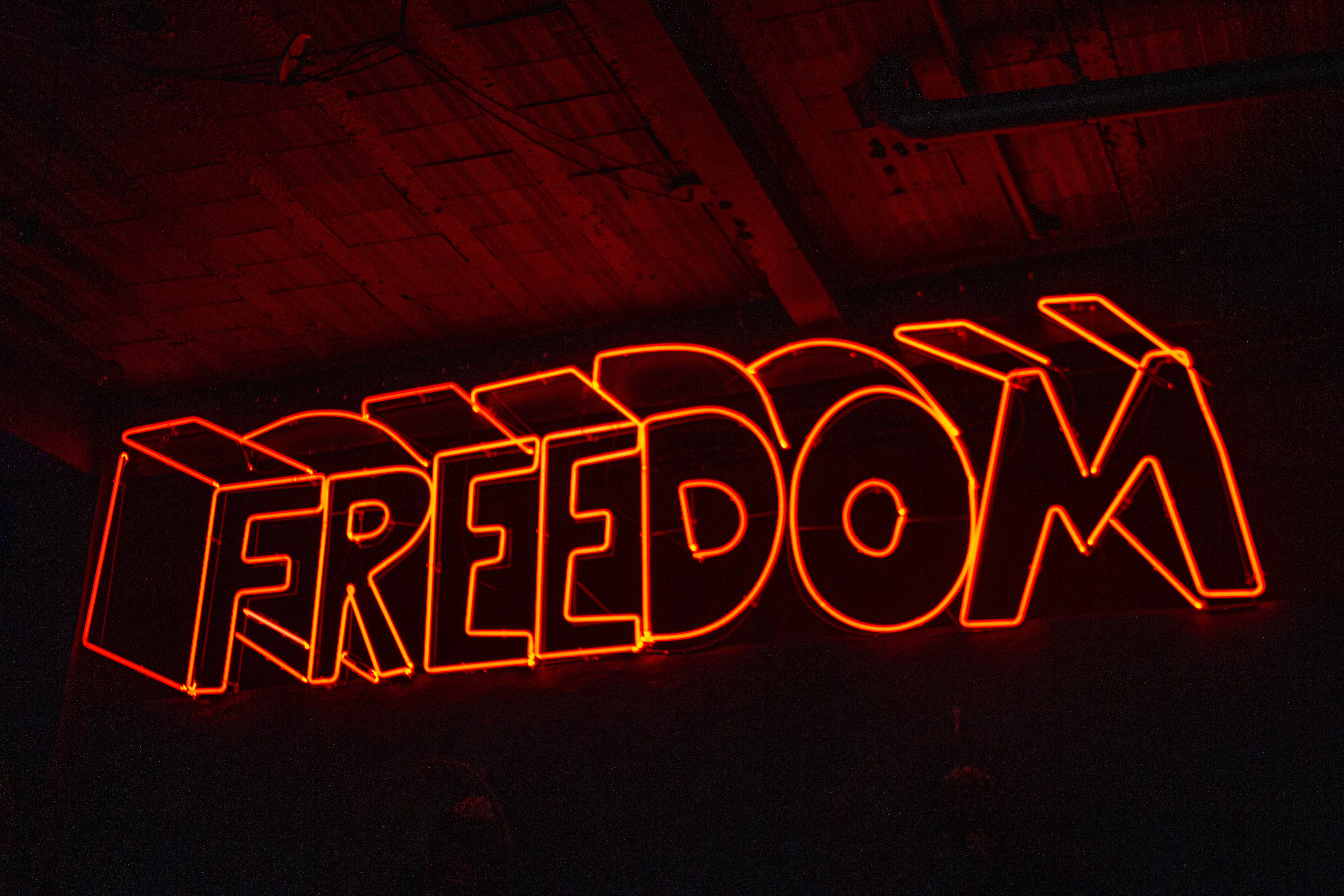 4K 霓虹 桌布 壁紙 — 一個發光的橙色霓虹燈牌，拼寫著FREEDOM，在帶有外露管道的黑暗工業天花板上投射出溫暖的光芒。