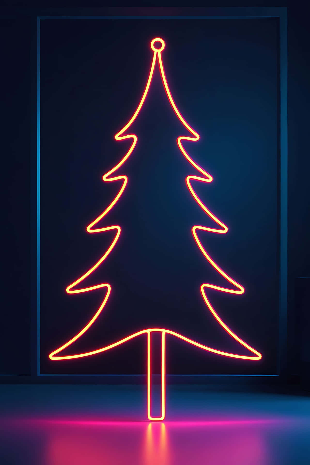 Illuminated christmas tree neon sign 壁紙 — 一個發光的橙色霓虹聖誕樹輪廓，襯托在深藍色牆壁上，帶有粉紅色和藍色的地板反射。