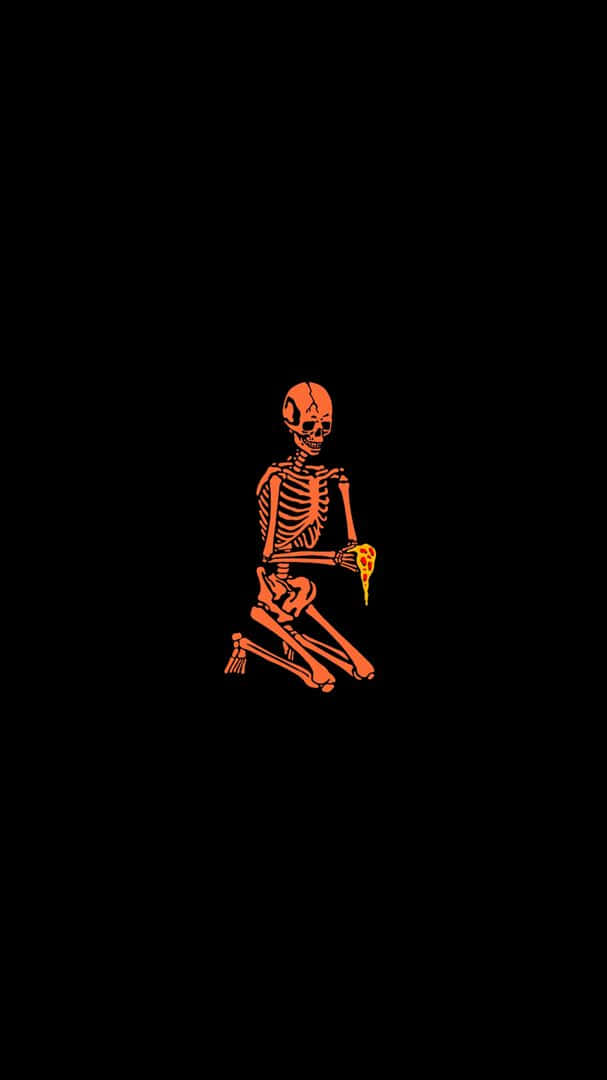 Memento Mori 桌布 壁紙 — 一個發光的橙色骷髏跪在黑色背景上，手持一片披薩。