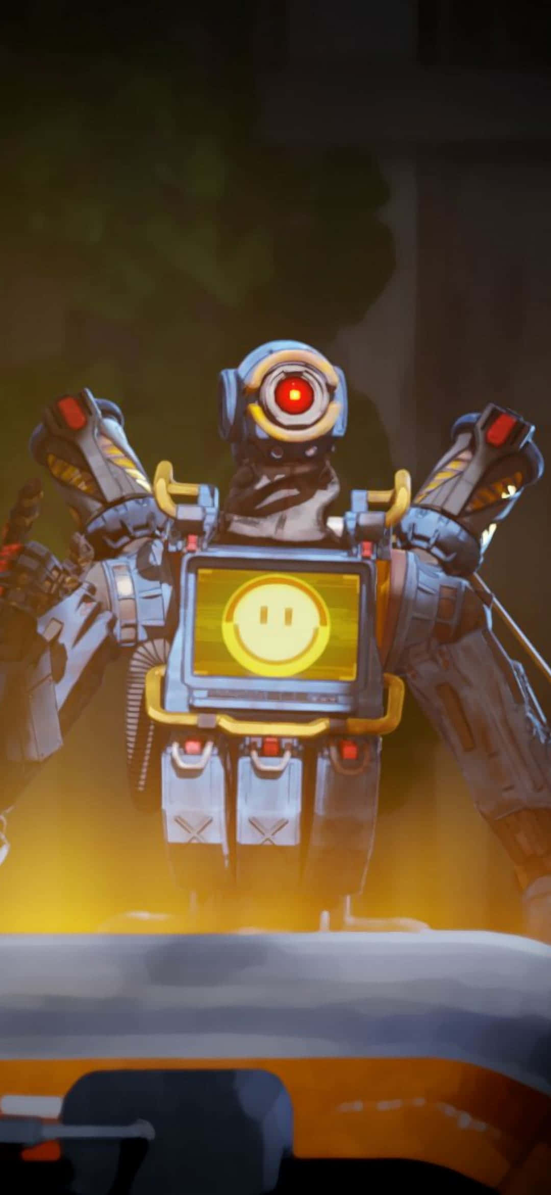 Pixel 3 Apex Legends 桌布 壁紙 — 一個發光的機器人，帶有紅色眼睛和黃色笑臉面板，站在溫暖的金色光線中，背景為深色。