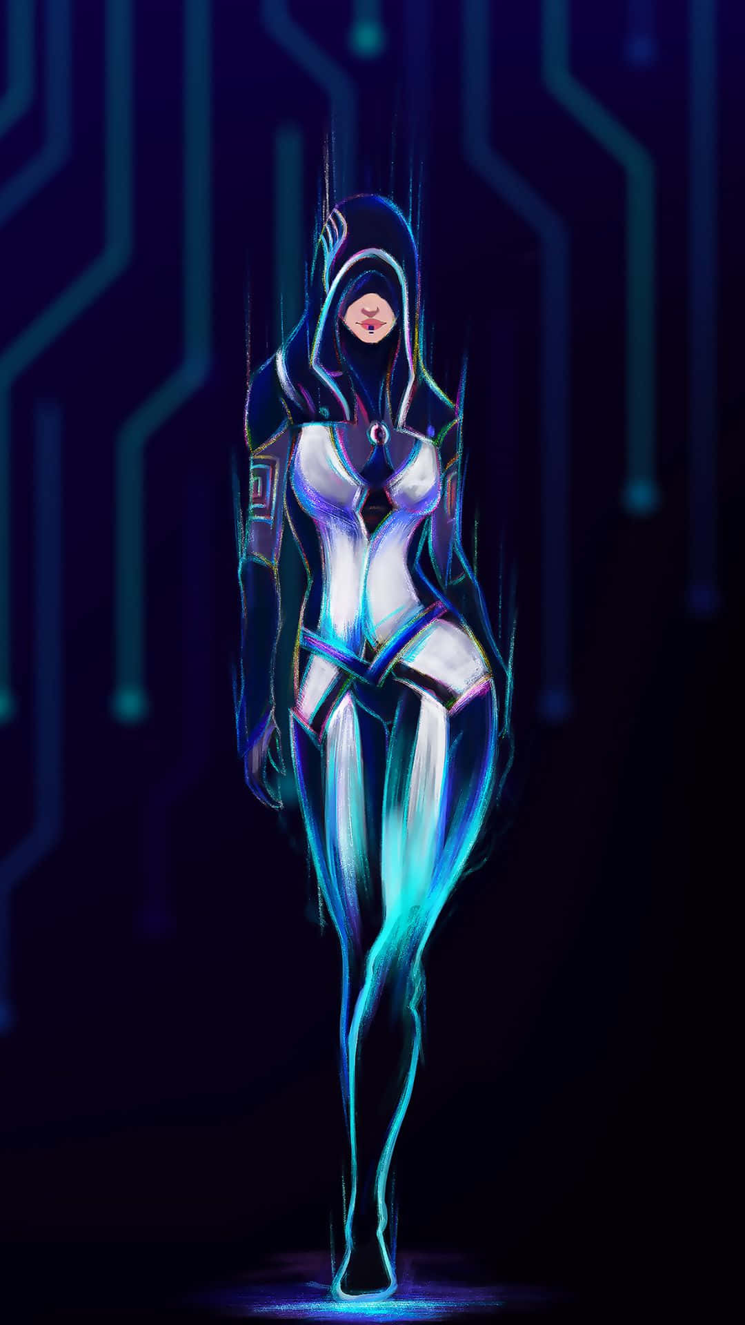 Kasumi Goto 桌布 壁紙 — 一個發光的機械人形身穿連帽服裝，站在帶有霓虹電路圖案的黑暗背景前。