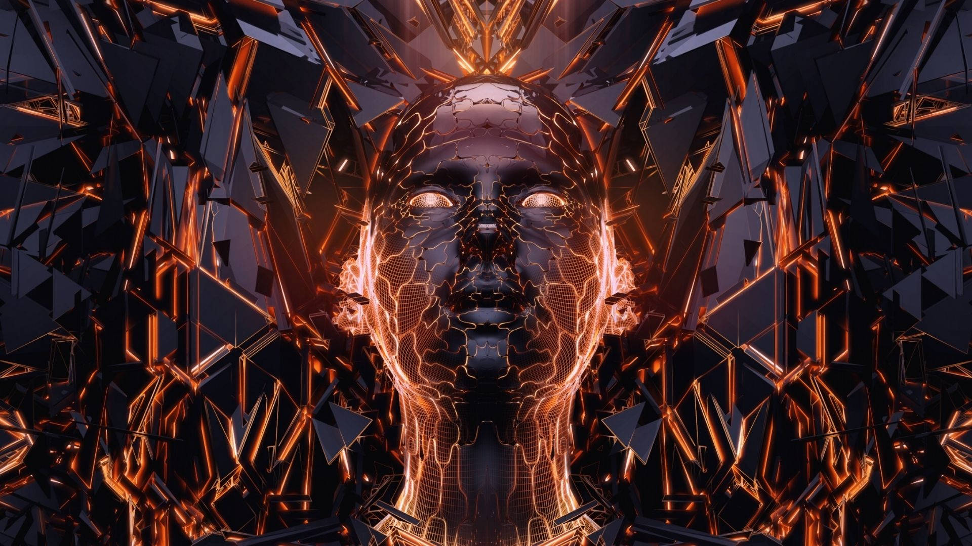 Fire Girl 桌布 壁紙 — 一個發光的機械面孔從破碎的黑暗碎片中浮現，熾熱的橙色電路照亮了它的特徵。