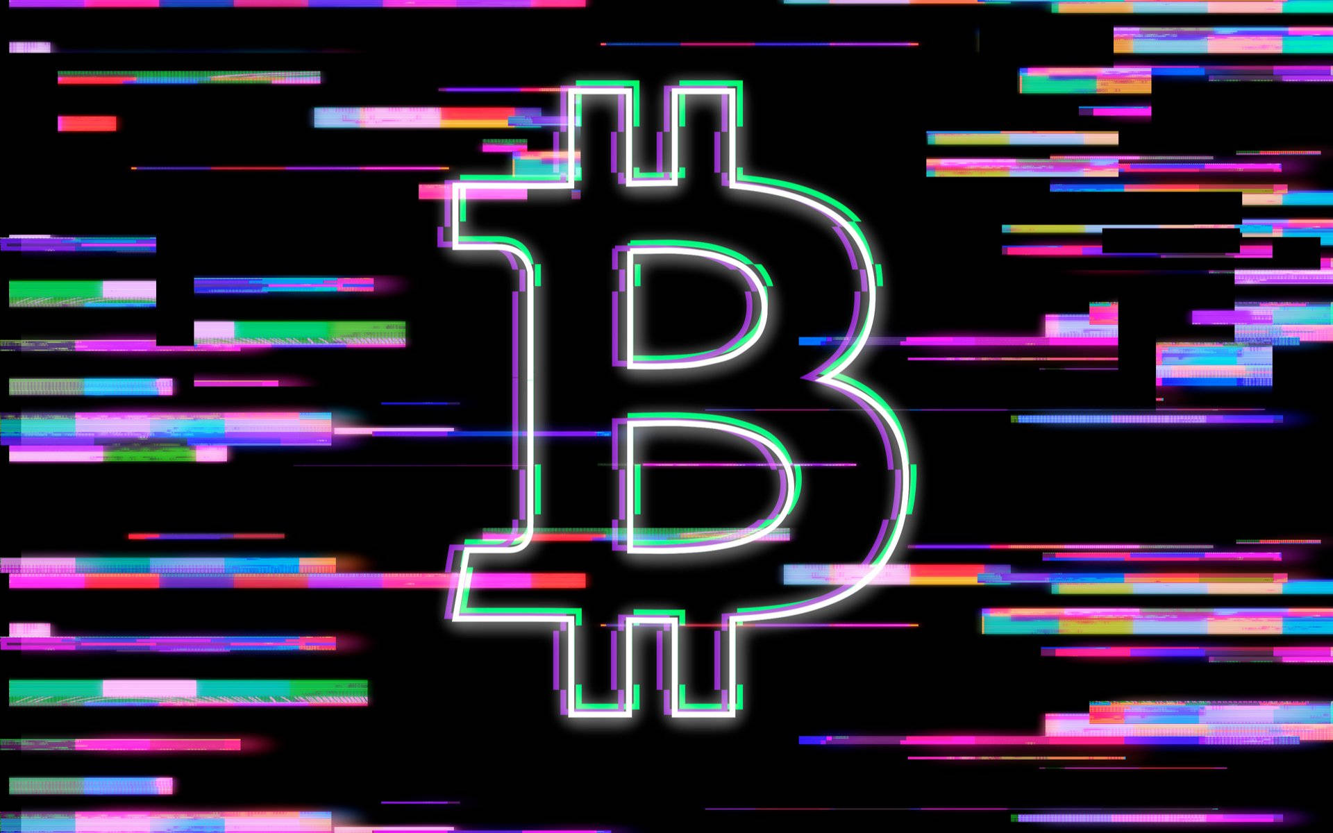 Cryptocurrency 桌布 壁紙 — 一個發光的比特幣符號在帶有鮮豔數位故障效果的黑色背景上脈動。