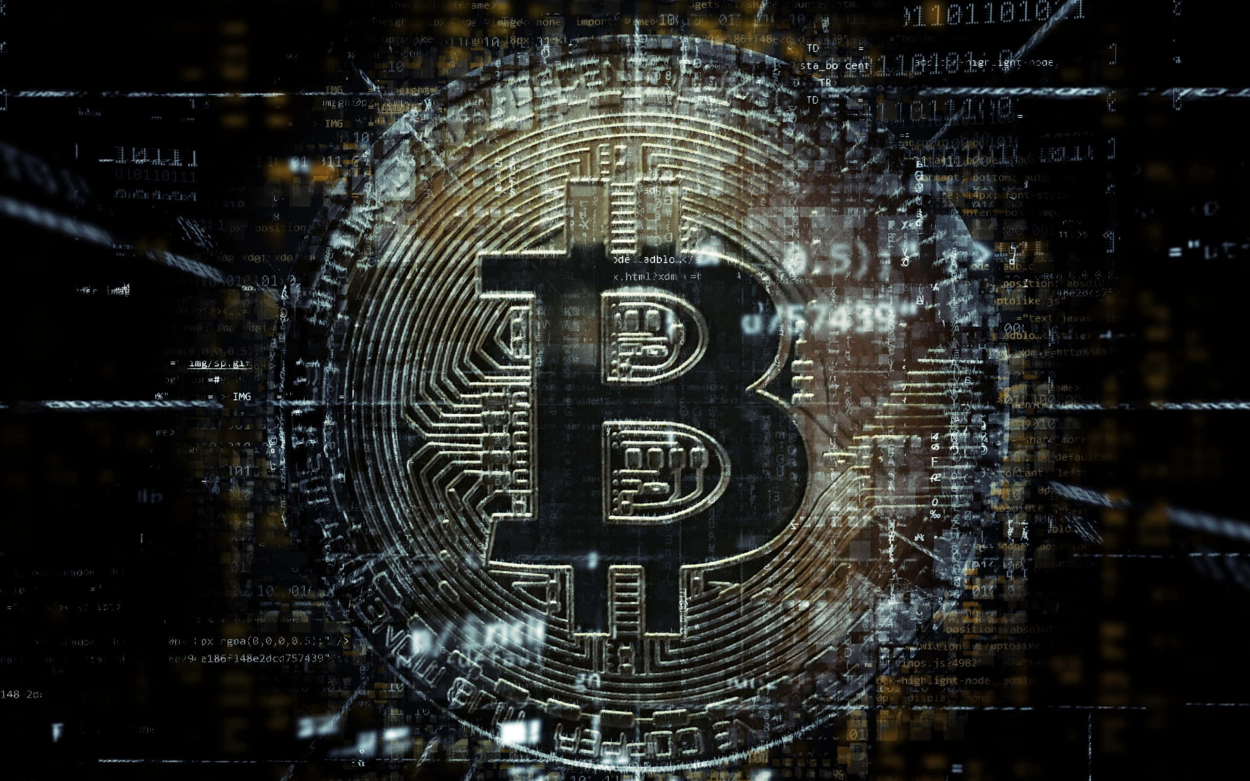 加密貨幣 桌布 壁紙 — 一個發光的比特幣符號從由浮動二進制代碼和電路組成的數位矩陣中浮現，背景為深色。