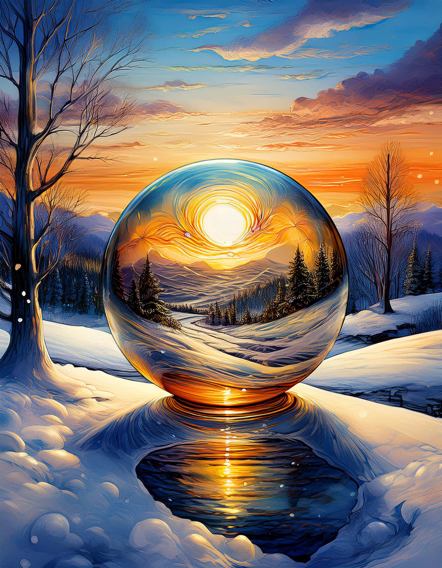 Sunset Magic in the Winter Sphere 壁紙 — 一個發光的水晶球放在雪地上，映照出雪山和光禿樹木上充滿活力的日落。