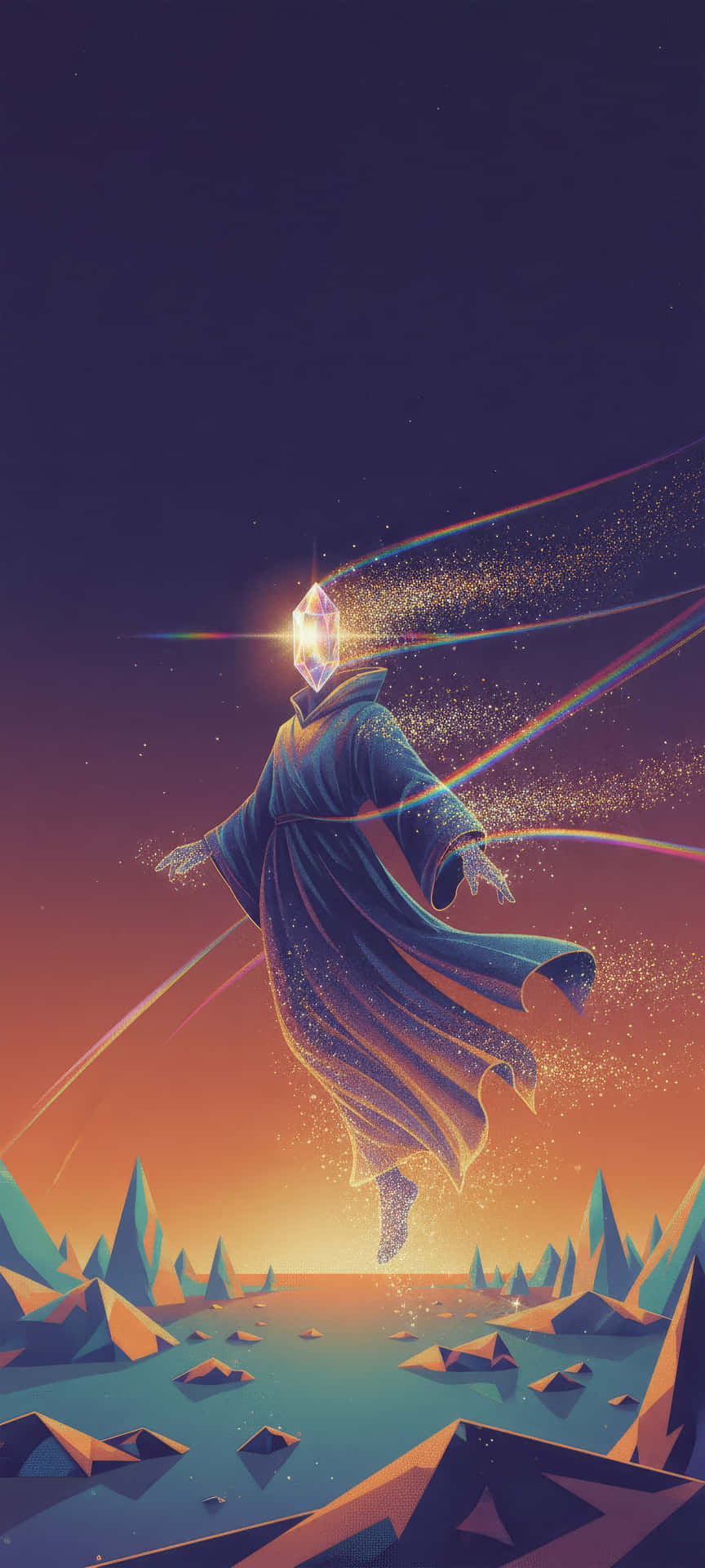 Crystal Mage Floating Fantasy Low Poly Art Wallpaper 壁紙 — 一個發光的水晶頭人物，身穿飄逸的藍色長袍，在星空暮色下懸浮於幾何景觀之上。