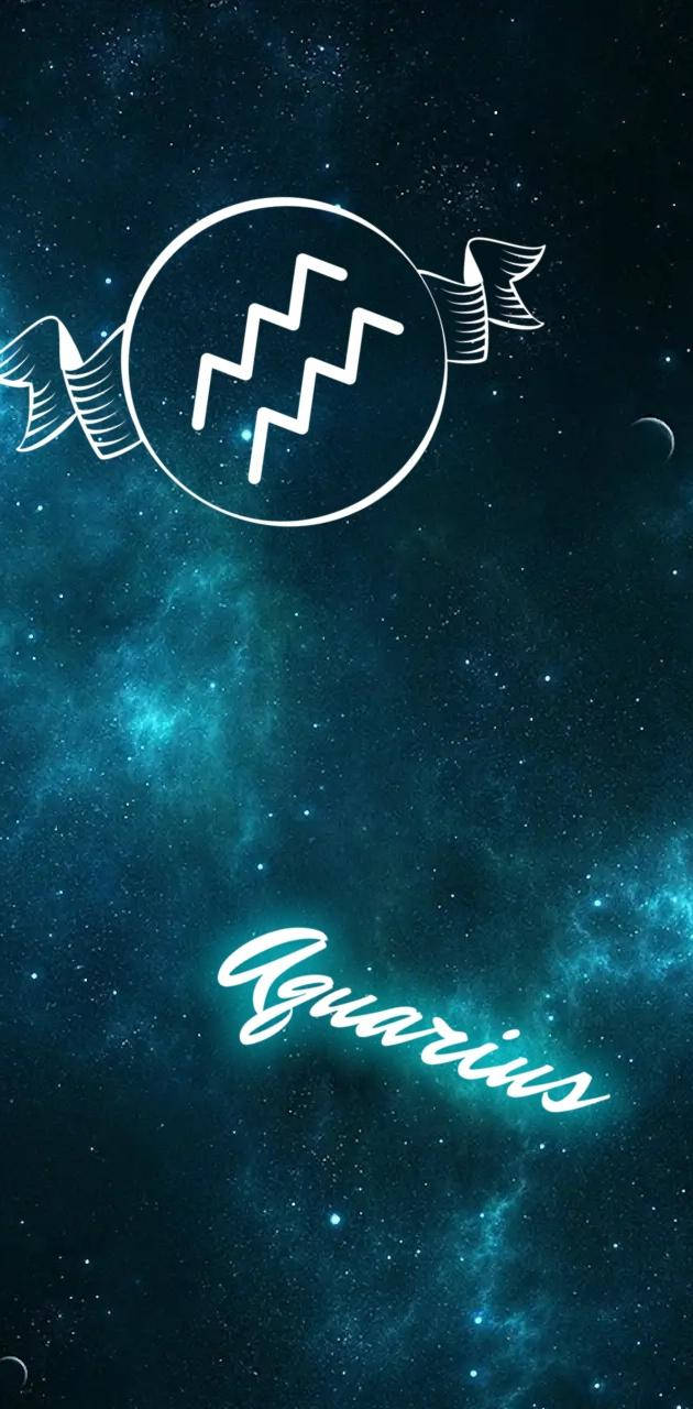 Beautiful Blue 桌布 壁紙 — 一個發光的水瓶座星座符號漂浮在深藍綠色星空星雲前，下方寫有水瓶座的名字。