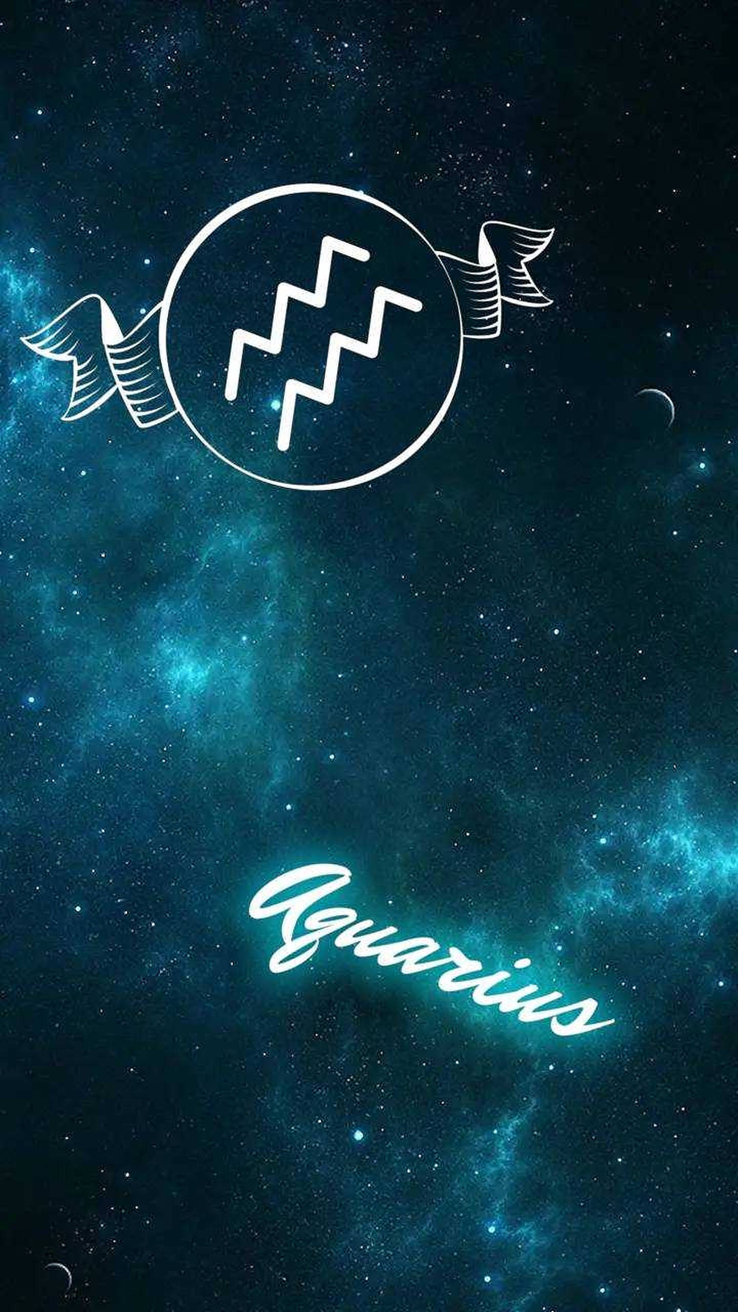 aquarius 桌布 壁紙 — 一個發光的水瓶座星座符號漂浮在深青色的星雲中，伴隨著新月。
