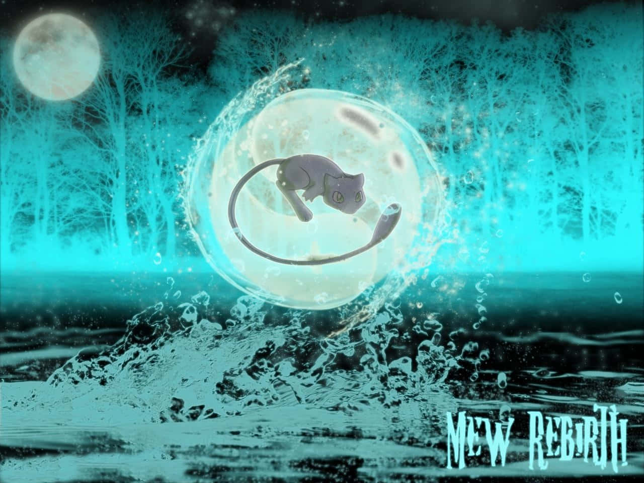 Mew 桌布 壁紙 — 一個發光的泡泡，內含貓咪般的生物，在雪地森林的滿月下從藍綠色水中升起。