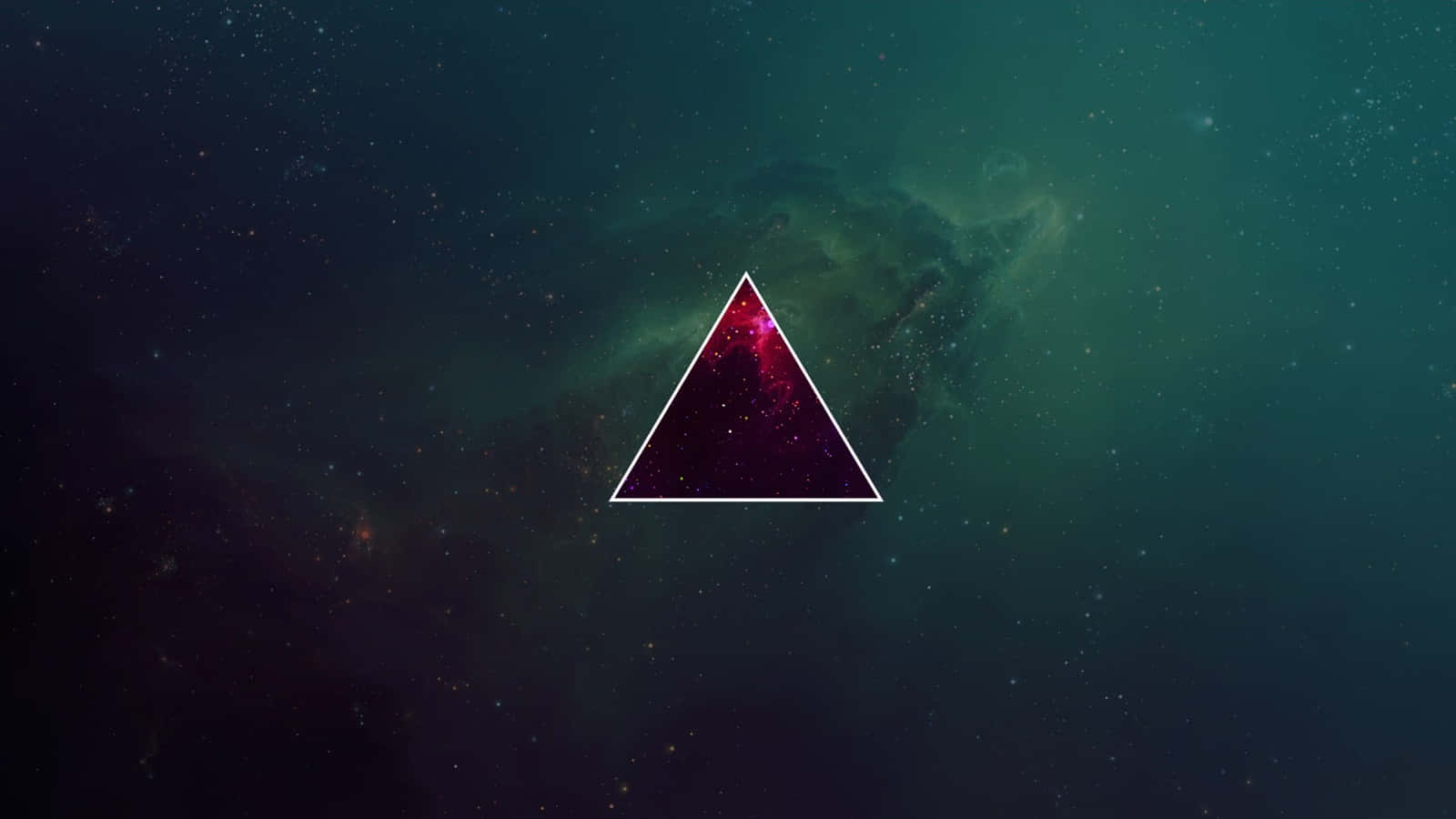 Best Minimal 桌布 壁紙 — 一個發光的洋紅色三角形框住一個宇宙星雲，背景是繁星點點的青色和黑色太空。