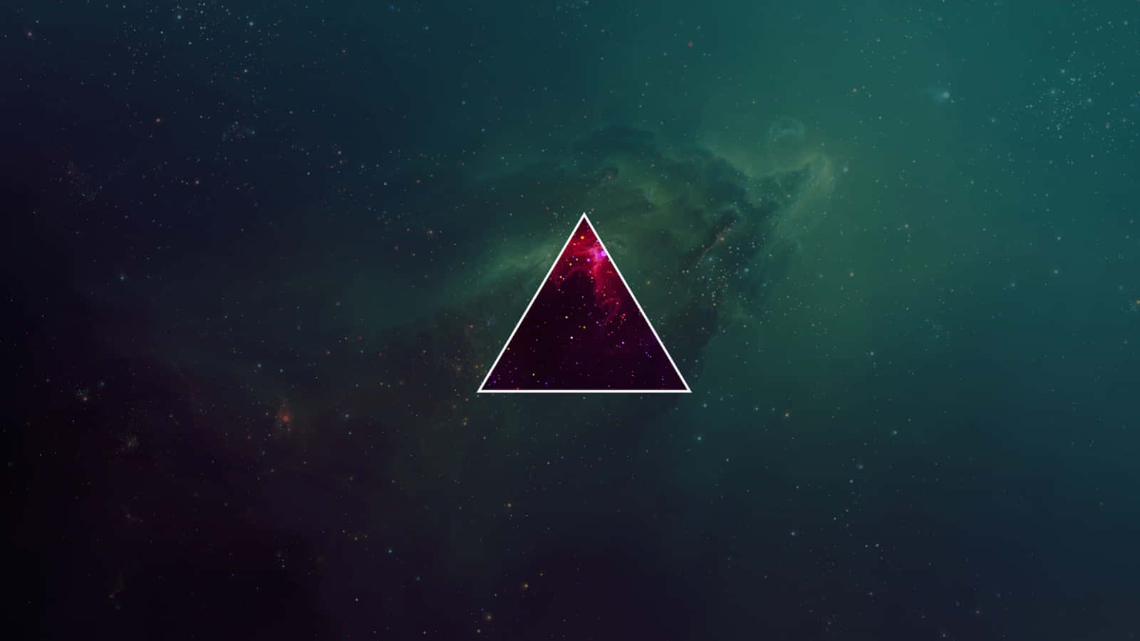 Simplistic 桌布 壁紙 — 一個發光的洋紅色三角形框住了一個宇宙星雲，背景是星光閃爍的青色和黑色太空。