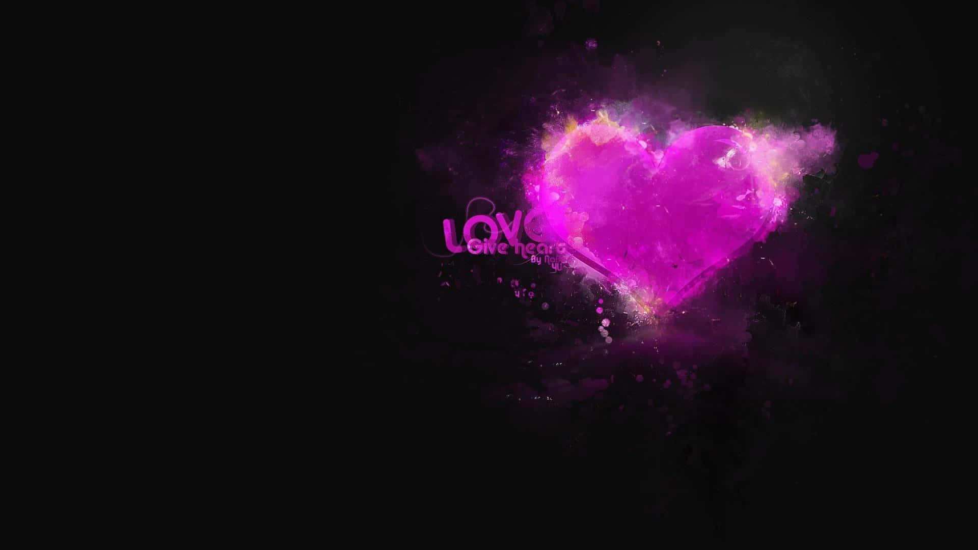 Dark Love 桌布 壁紙 — 一個發光的洋紅色心形在黑暗背景上爆發出熾熱的火花，旁邊閃爍著「愛」這個字。