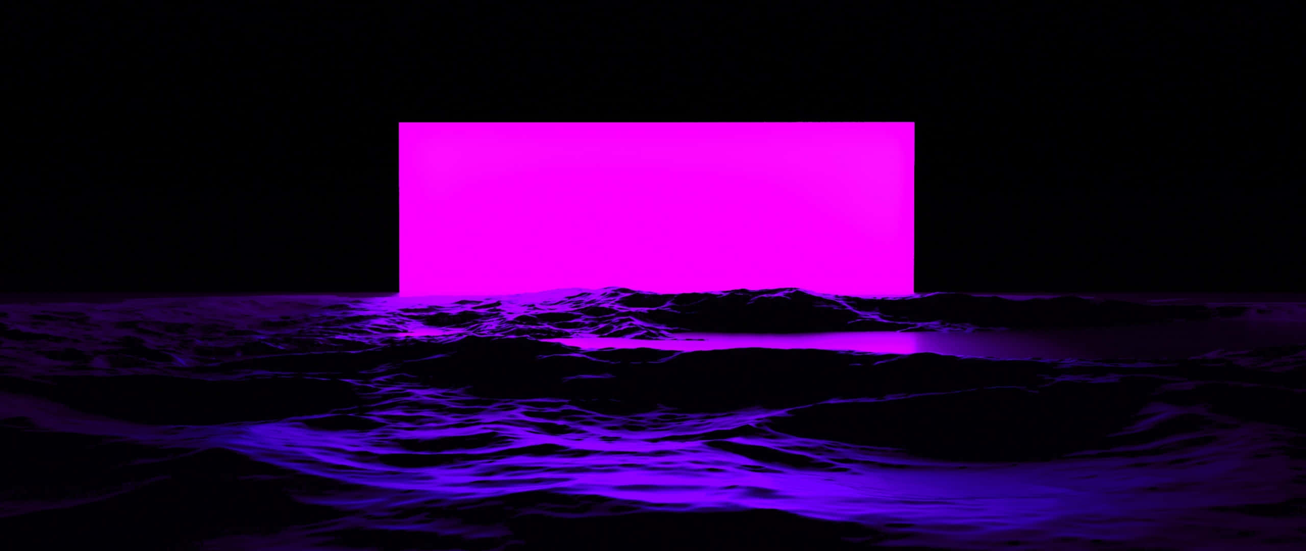 Art 2560x1080 桌布 壁紙 — 一個發光的洋紅色矩形傳送門從深紫色海洋中浮現，背景是黑色天空。