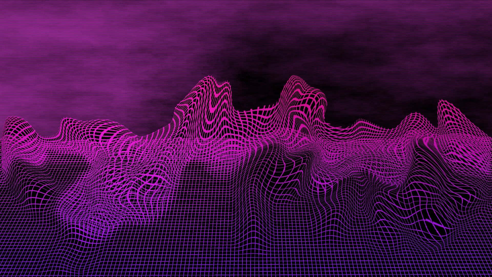 Pink Grid 桌布 壁紙 — 一個發光的洋紅色線框景觀在黑暗漸變的天空中起伏，呈現數位抽象場景。