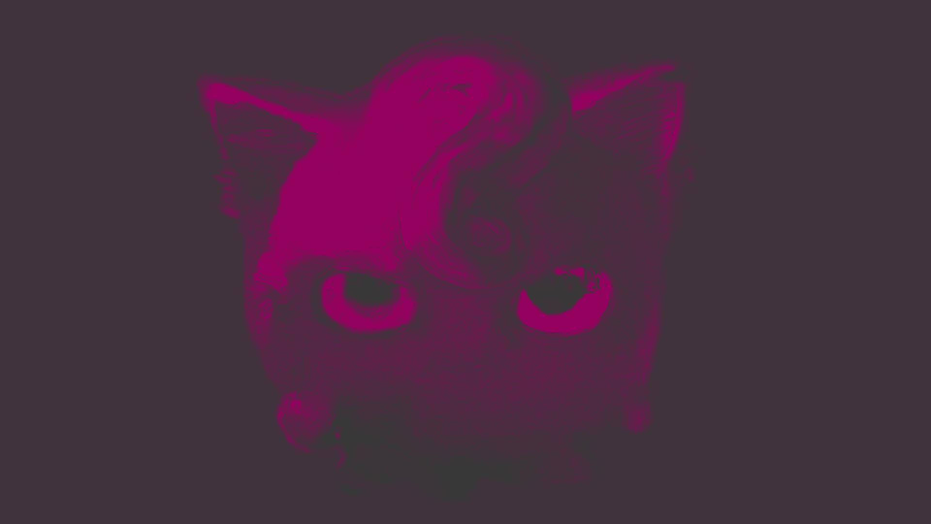 Jigglypuff 桌布 壁紙 — 一個發光的洋紅色貓臉，大眼睛從黑暗背景中凝視。