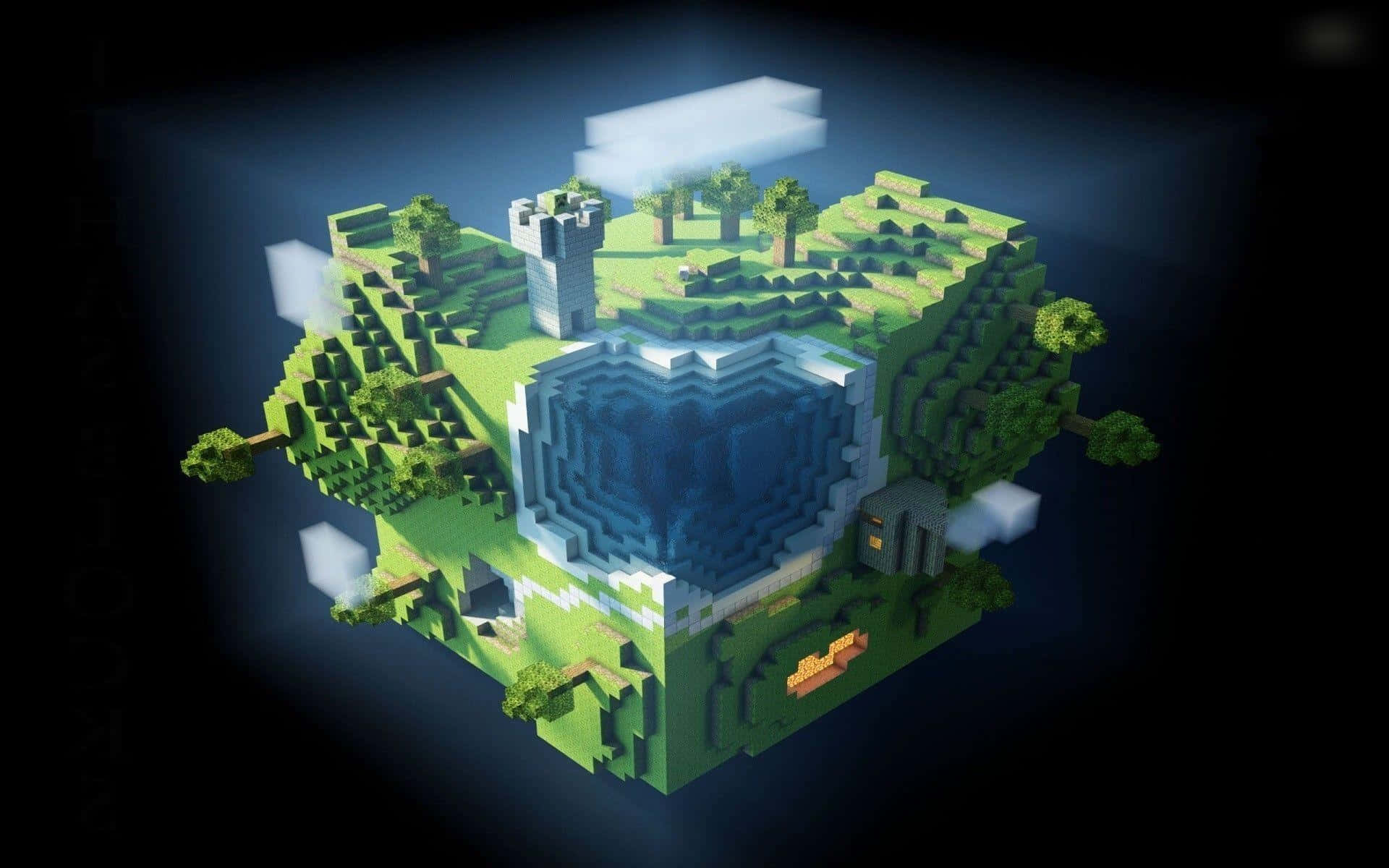 可愛 Minecraft 桌布 壁紙 — 一個發光的浮島，上面有城堡和湖泊，以Minecraft方塊風格呈現，背景是黑暗的天空。