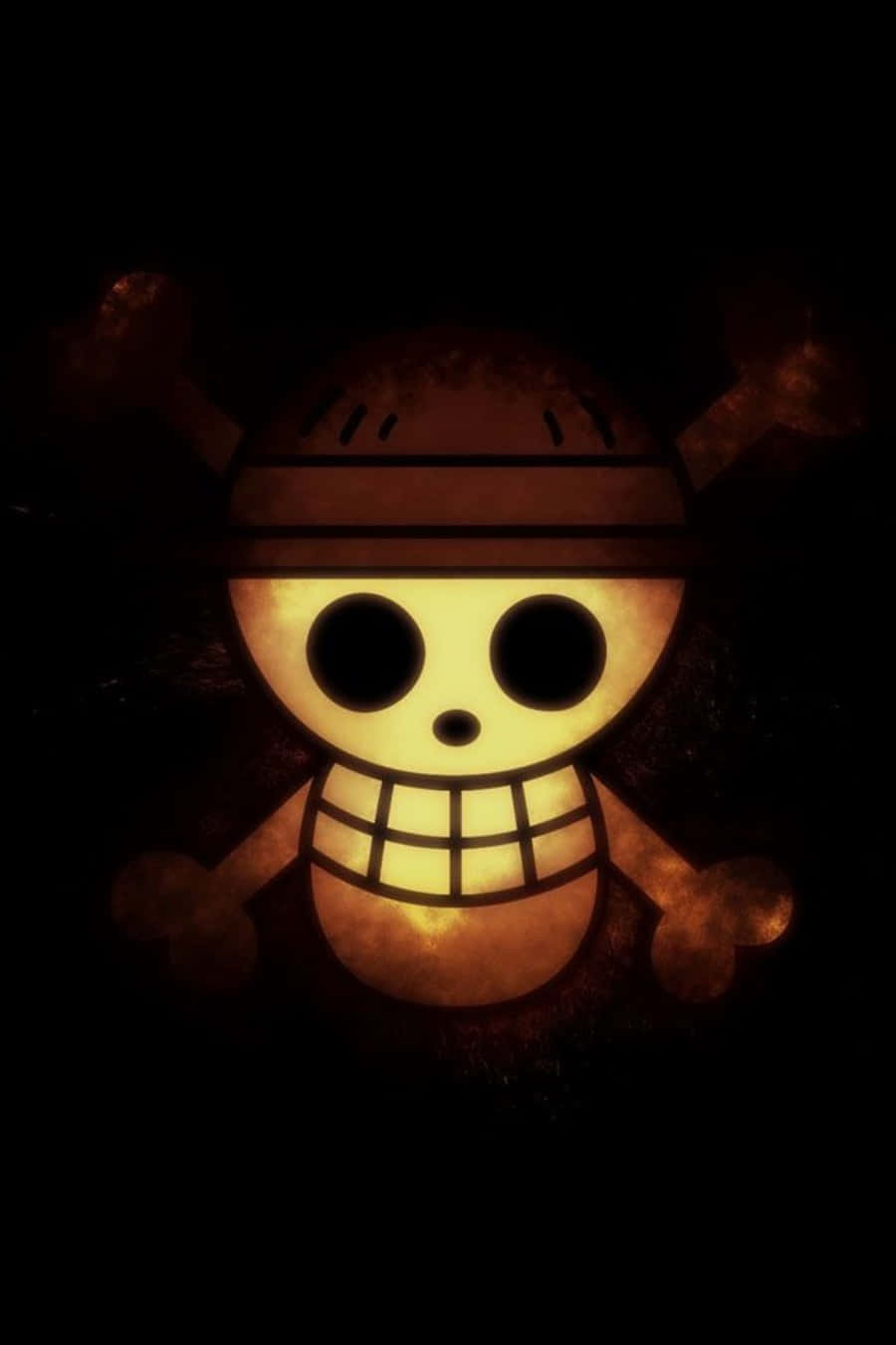 Straw Hat Pirates 桌布 壁紙 — 一個發光的海盜骷髏，戴著草帽和交叉骨，在黑暗背景中散發出溫暖的光芒。