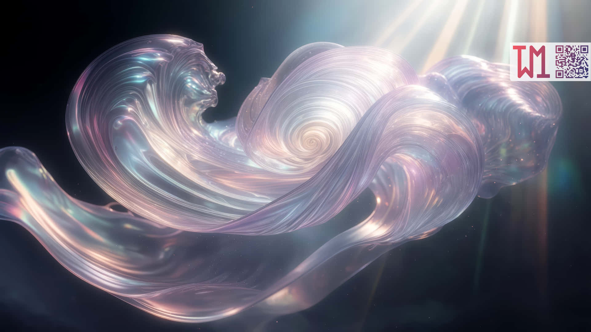 Ethereal Part II/23 壁紙 — 一個發光的漩渦液體形態，帶有彩虹色調，在黑暗背景上發出光芒，伴隨著耀眼的光束。