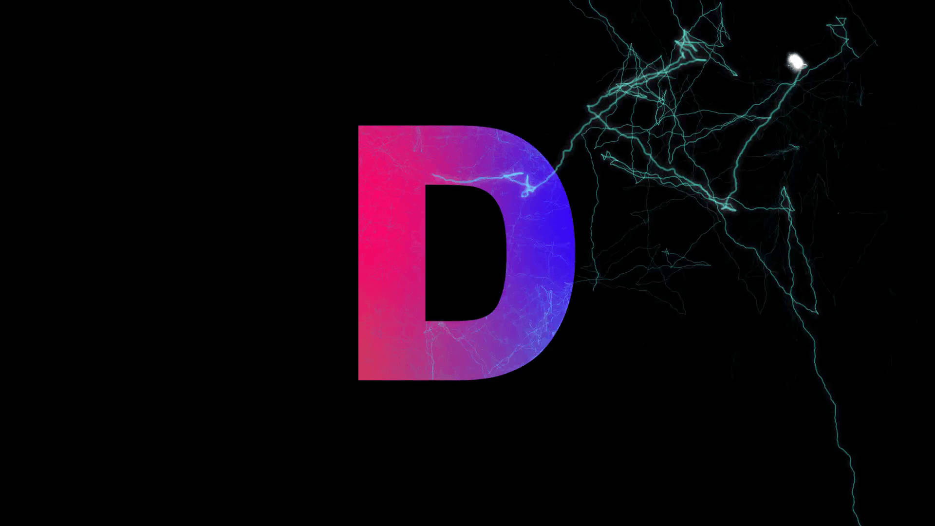 字母D 桌布 壁紙 — 一個發光的漸變字母D，粉紅色和藍色，在黑色虛空中帶有電光藍綠色閃電脈動。