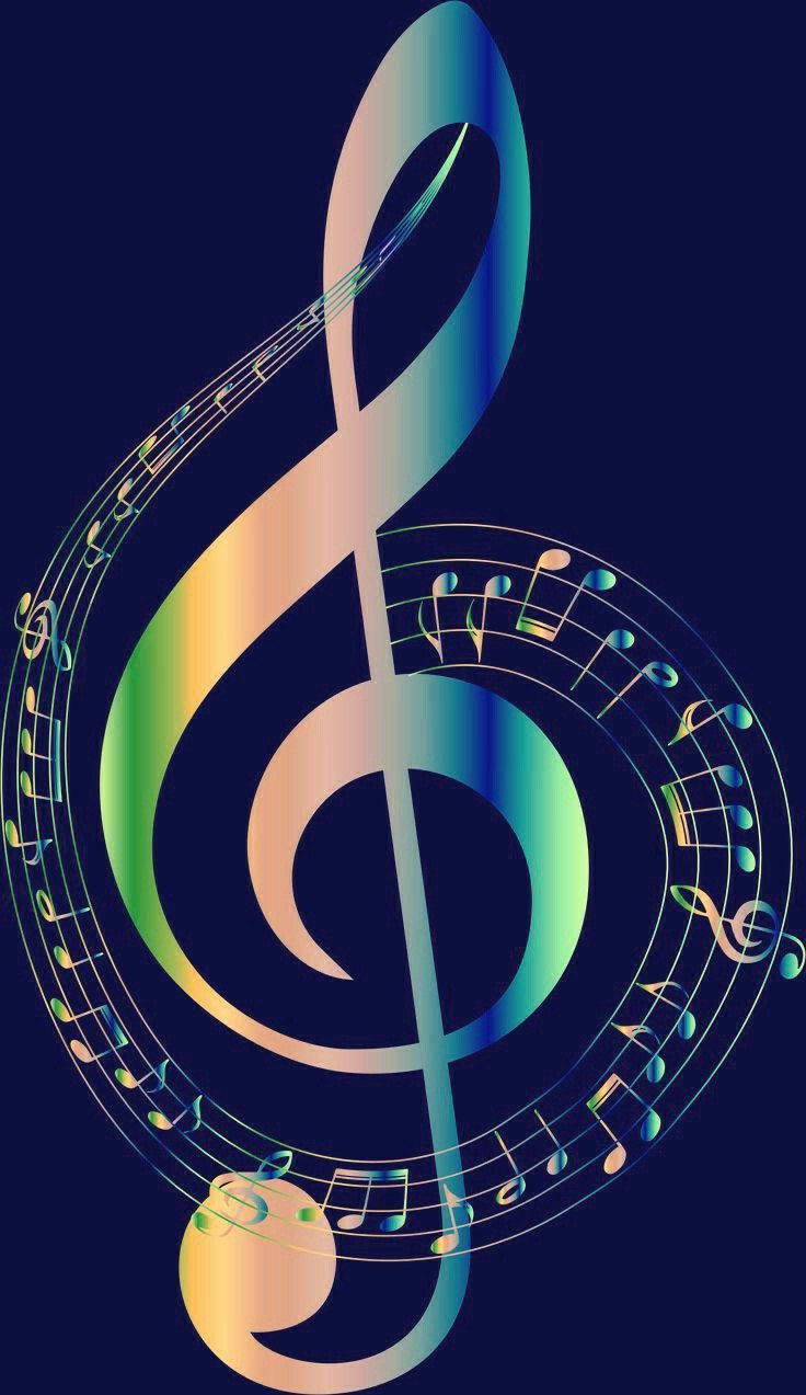 音樂 桌布 壁紙 — 一個發光的漸變高音譜號在深藍色背景上旋轉，伴隨著色彩繽紛的音樂音符。