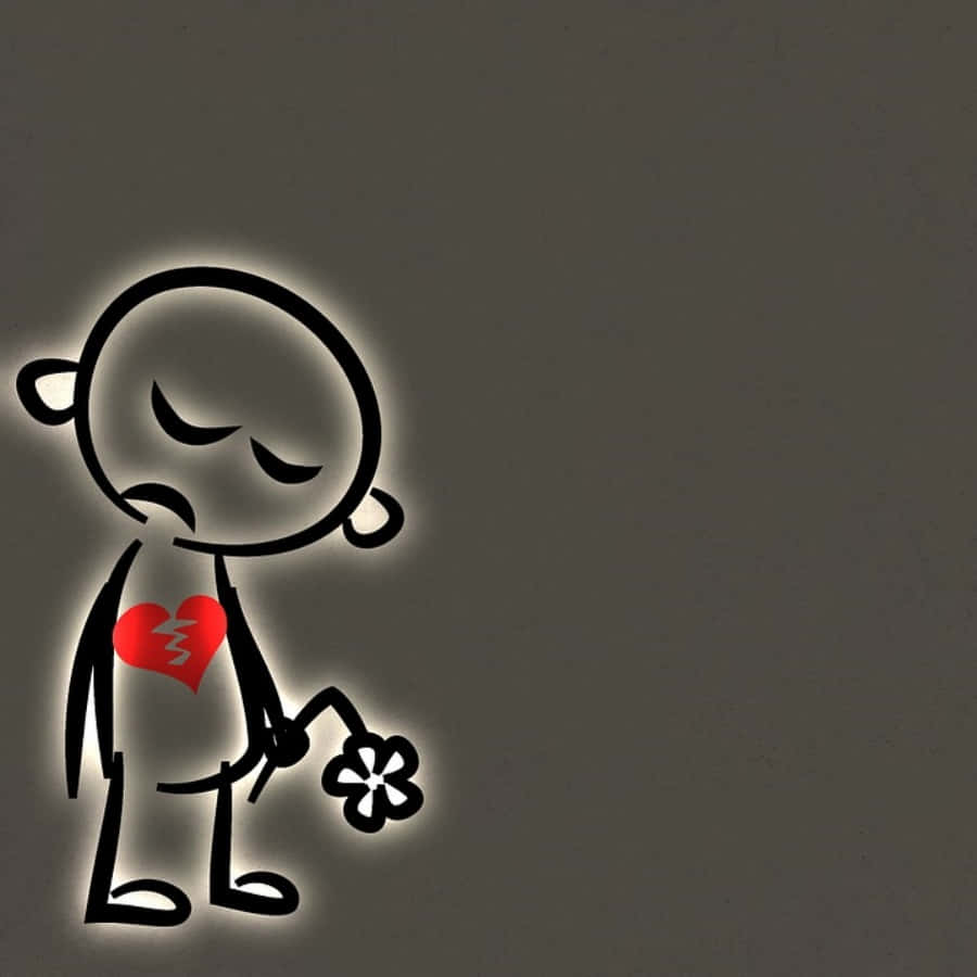 Broken Heart Sad 桌布 壁紙 — 一個發光的火柴人，心碎地拿著一朵花，背景是深灰色。
