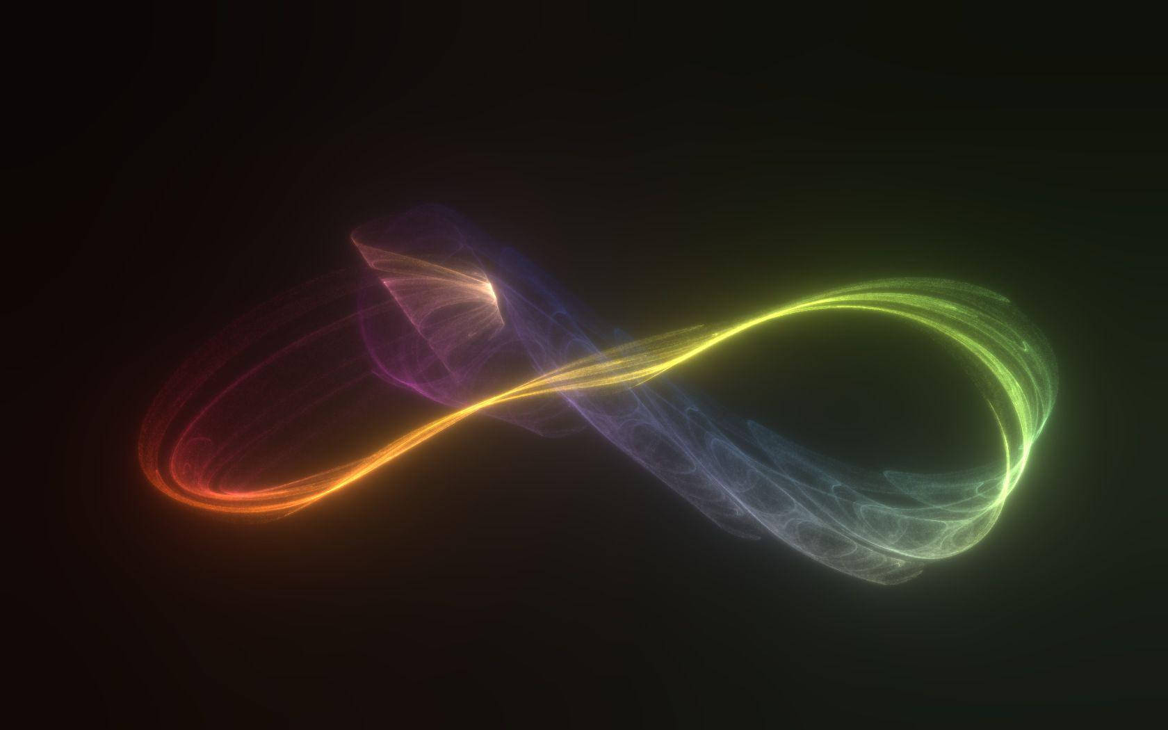 Infinity Symbol 桌布 壁紙 — 一個發光的無限符號在黑暗背景上以鮮豔的彩虹色調旋轉。