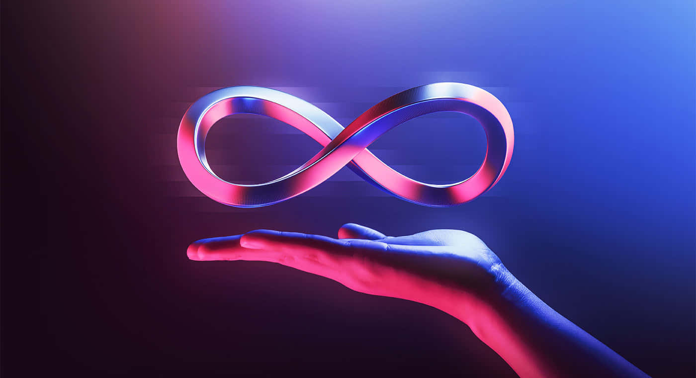 Equations 桌布 壁紙 — 一個發光的無限符號懸浮在一隻伸出的手上方，背景是紫色和藍色的漸變色。