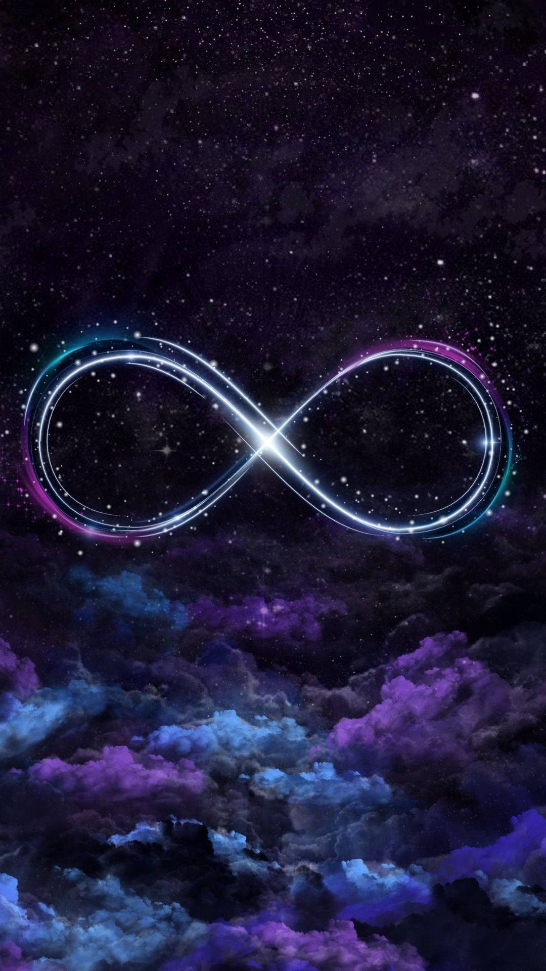 在繁星點點的紫色和藍色宇宙天空中發光的無限符號。 — 可愛的銀河動圖 壁紙