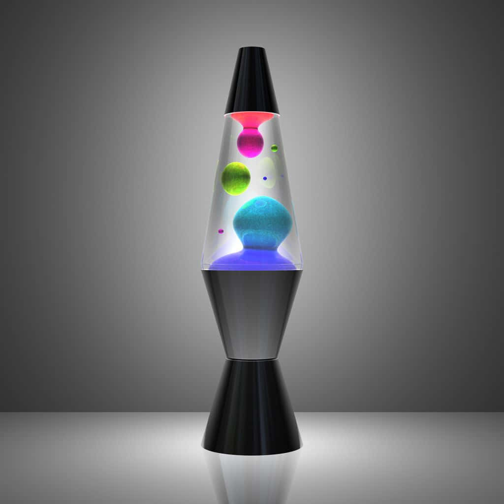 lava lamp 桌布 壁紙 — 一個發光的熔岩燈，在透明液體中升起彩色蠟塊，背景為漸變灰色。