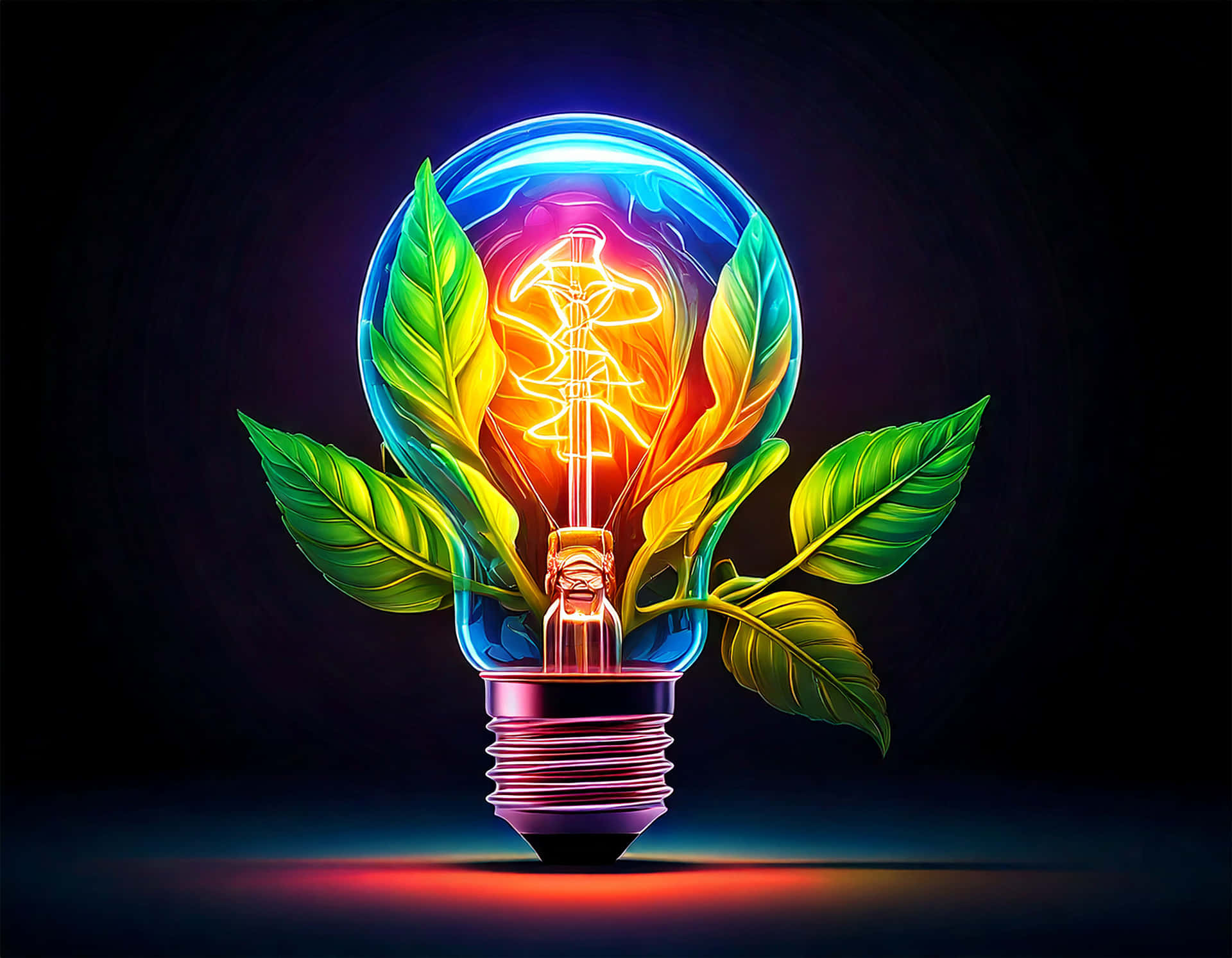 LED bulb with a leaf 壁紙 — 一個發光的燈泡，帶有鮮豔的彩虹色調和從玻璃罩中長出的綠葉，背景為深色。