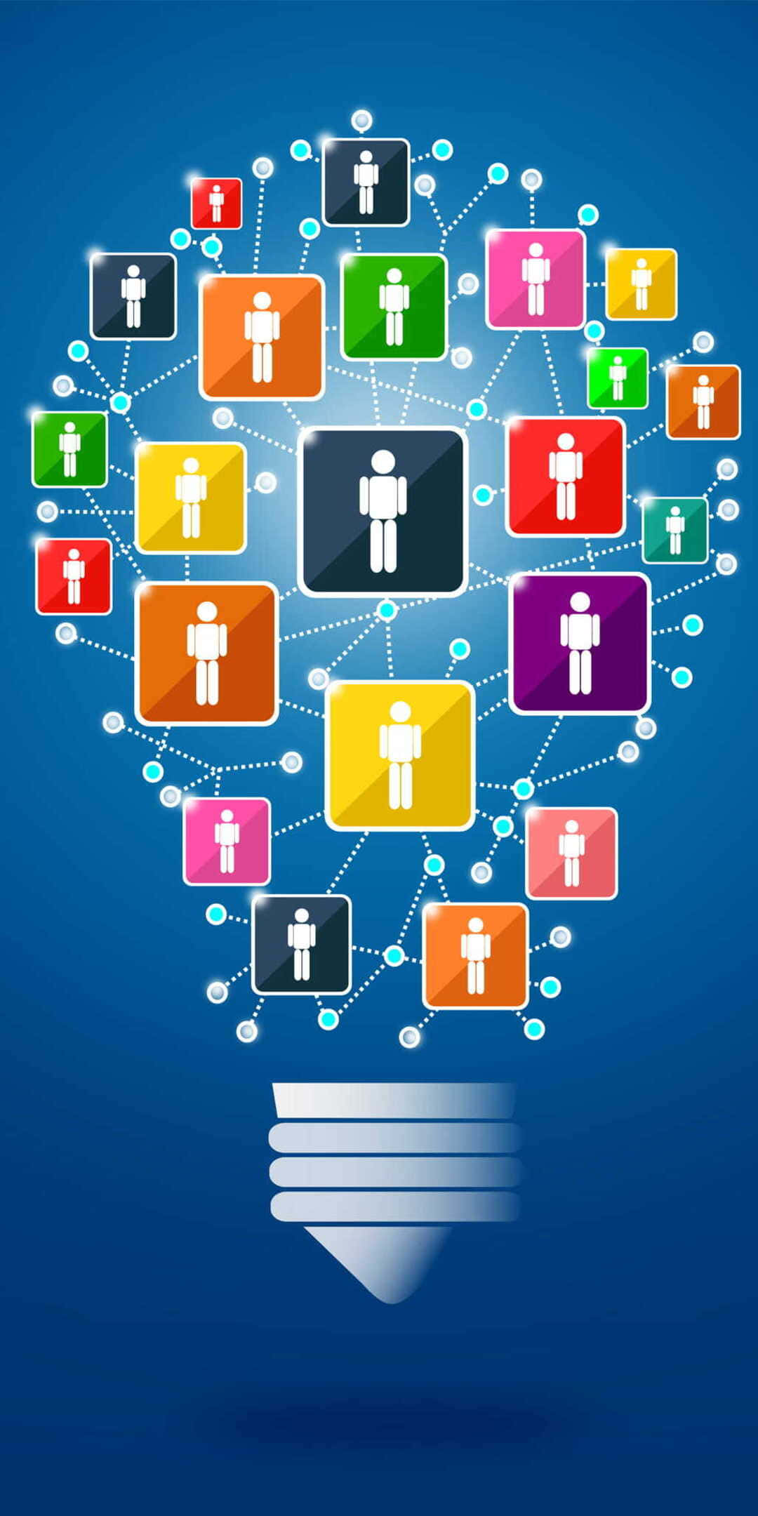 Social 桌布 壁紙 — 一個發光的燈泡，裡面充滿了色彩繽紛、相互連接的用戶圖標，象徵著數位網路和社群。