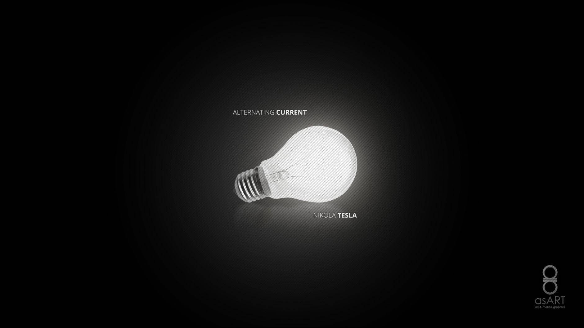 Light Bulb 桌布 壁紙 — 一個發光的燈泡位於深色漸變背景中央，文字顯示交流電和尼古拉·特斯拉。