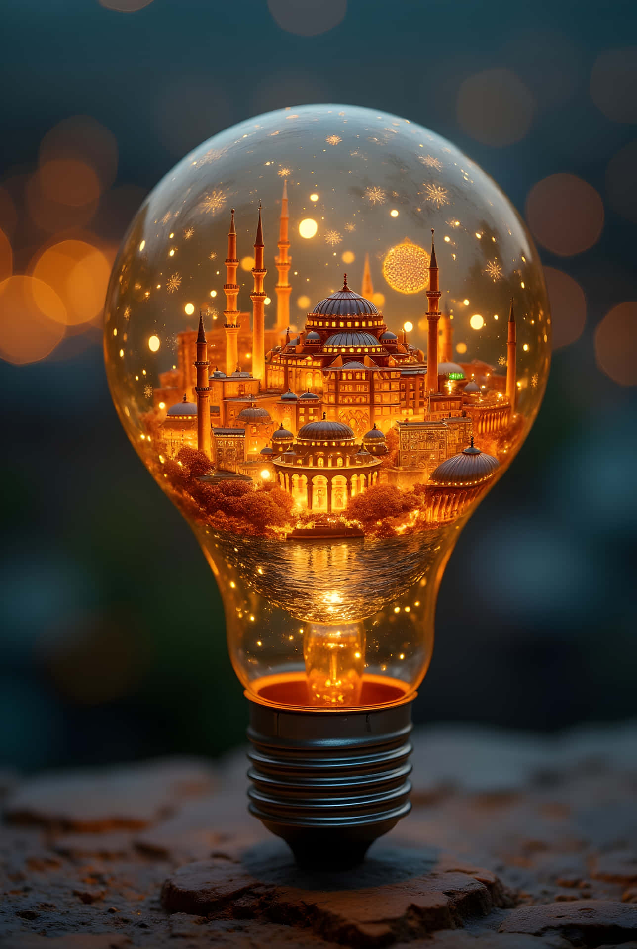 City of Golden Light 壁紙 — 一個發光的燈泡內含一個微型發光城市景觀，有圓頂清真寺和宣禮塔倒映在水中。