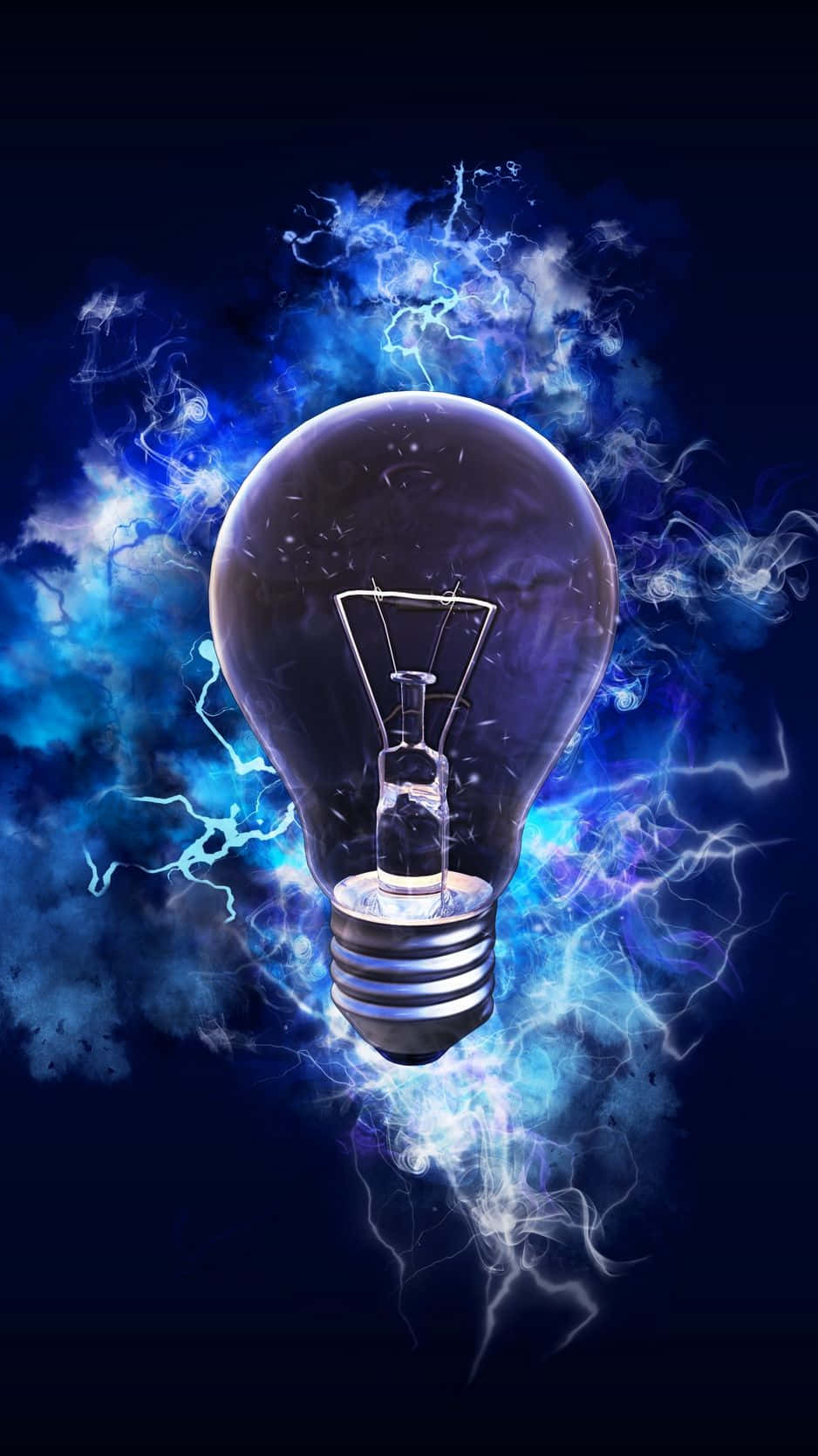 電力 桌布 壁紙 — 一個發光的燈泡在黑暗的宇宙背景下發出電藍色的閃電劈啪聲。