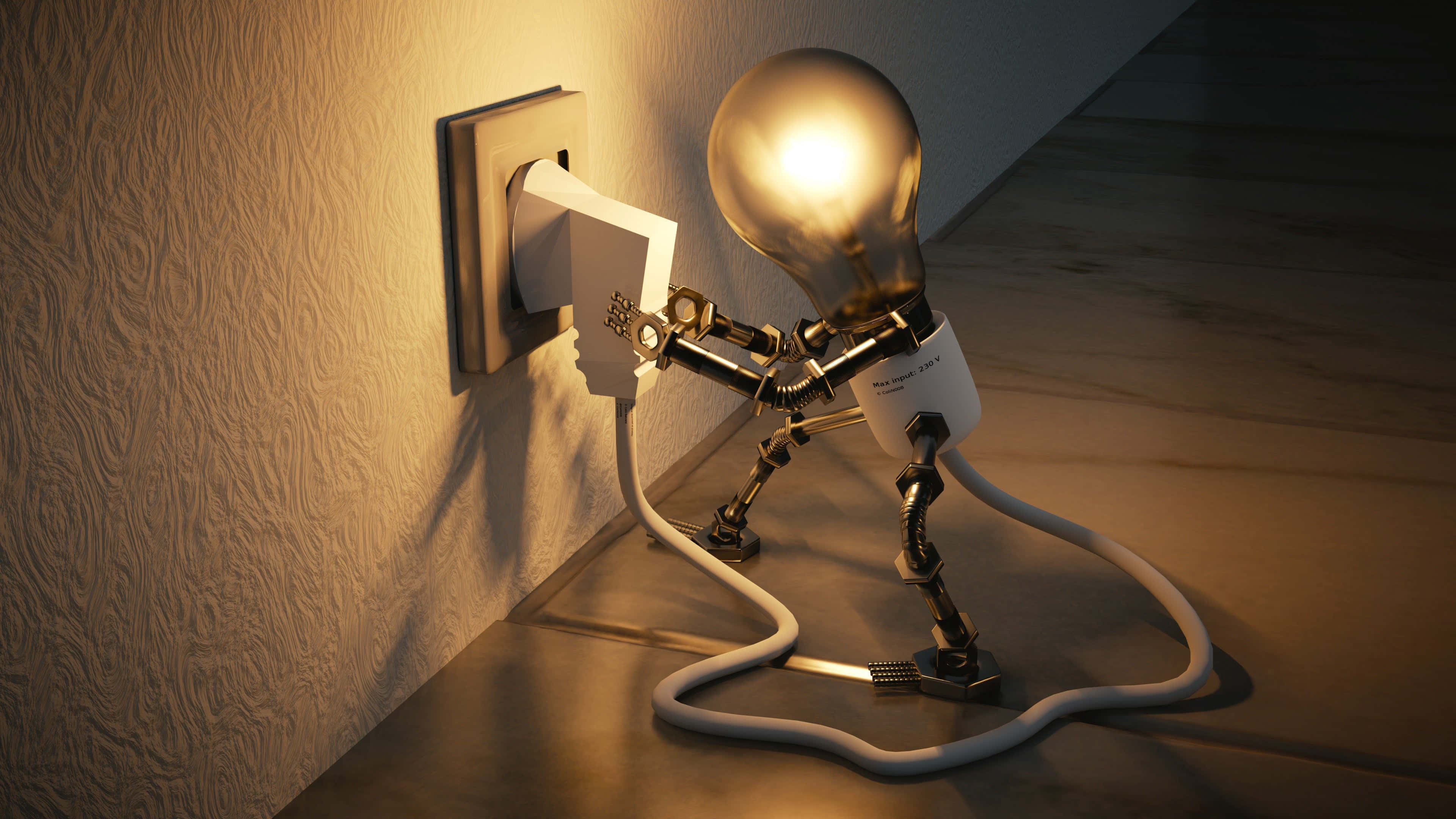 Electrical 桌布 壁紙 — 一個發光的燈泡帶有機器人身體，插入牆壁插座，在紋理牆壁和地板上投射溫暖的光線。