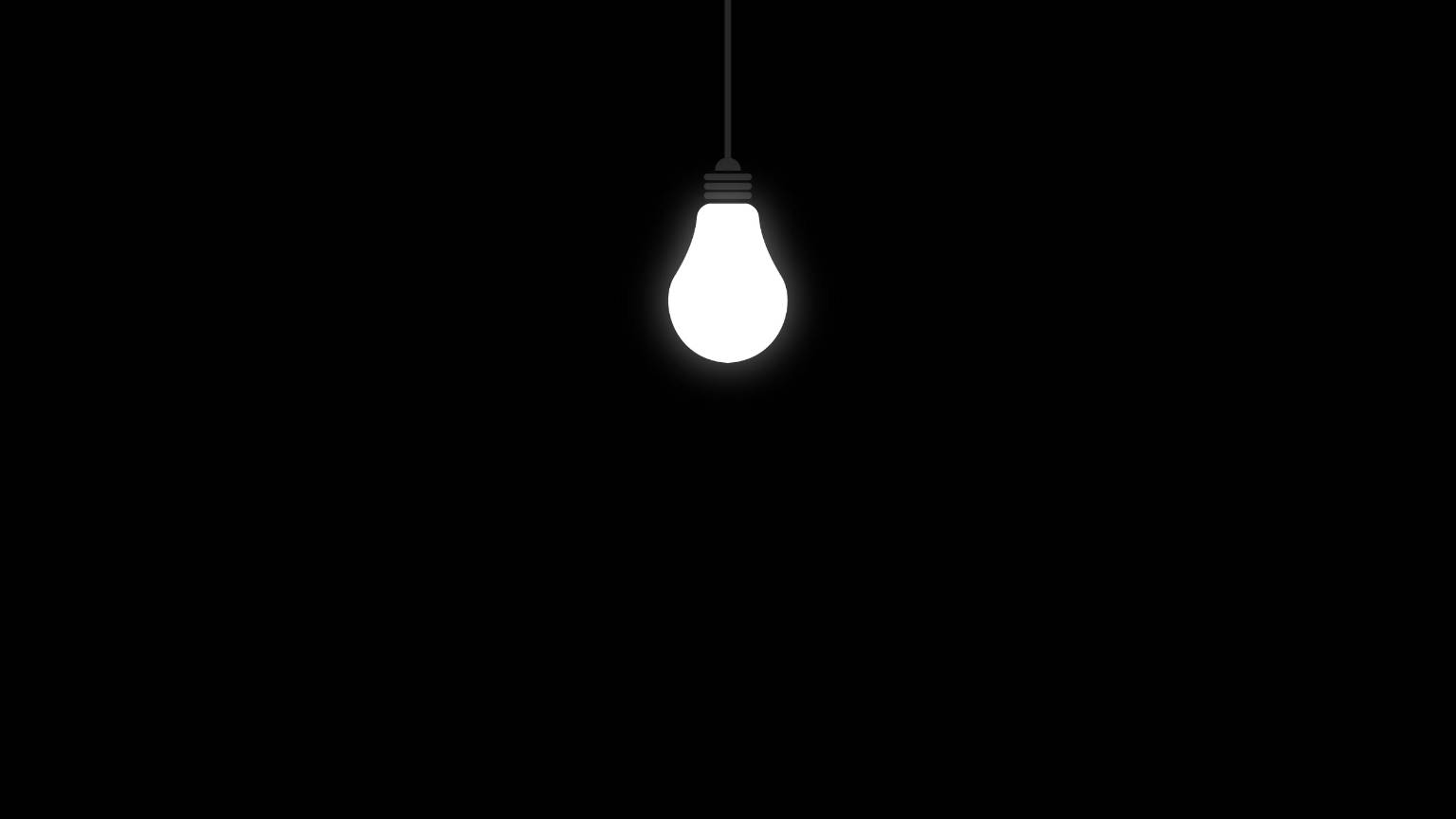 Light 桌布 壁紙 — 一個發光的燈泡懸掛在純黑色背景中央，散發出柔和的光芒。
