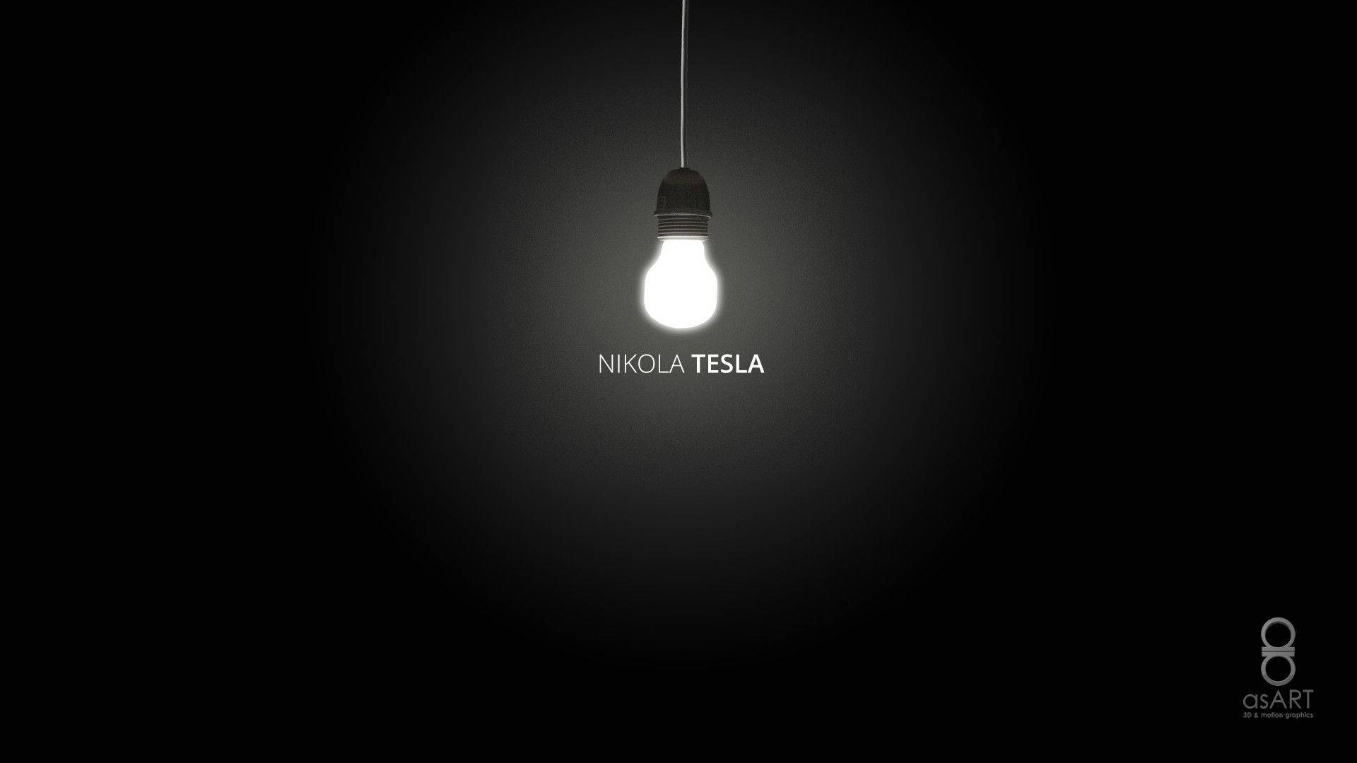 特斯拉 桌布 壁紙 — 一個發光的燈泡懸掛在黑暗背景中央，下方有'NIKOLA TESLA'文字。