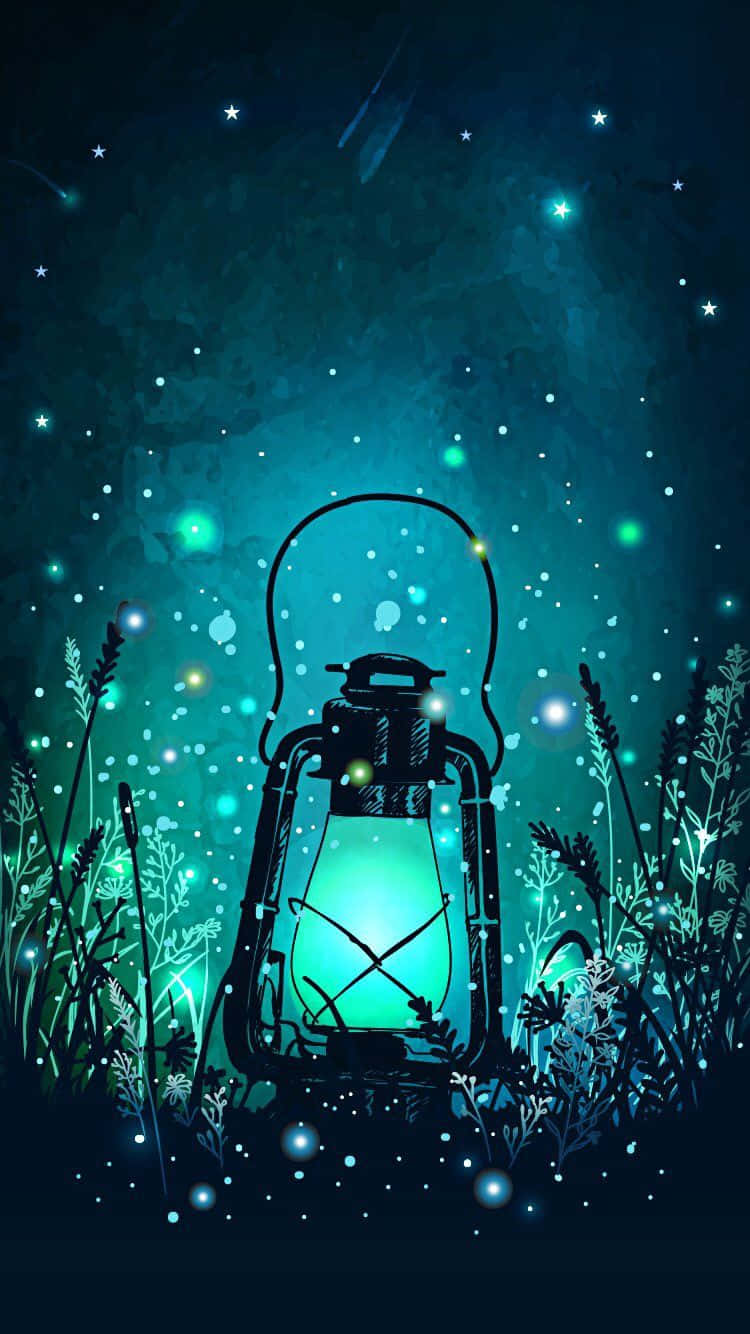 magical 桌布 壁紙 — 一個發光的燈籠在神秘的夜間森林中，在閃爍的星星和發光的植物之間散發出柔和的綠光。